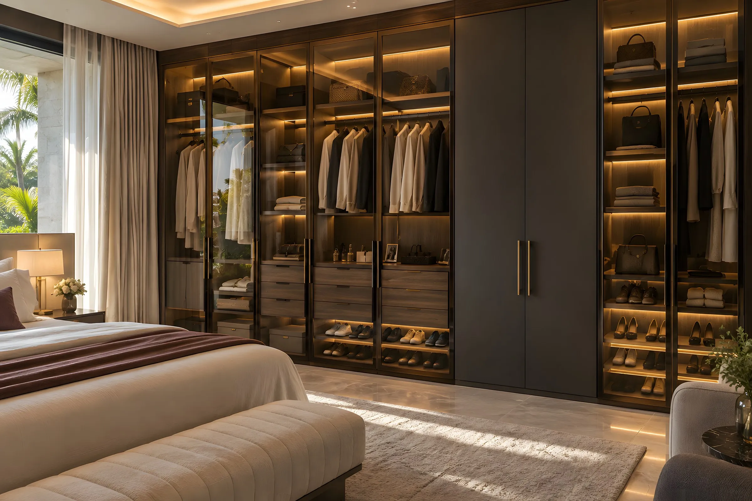 Armario empotrado de suelo a techo en nogal con puertas de cristal bronce e interior iluminado con LED en recámara principal, Homes Punta Cana Cap Cana