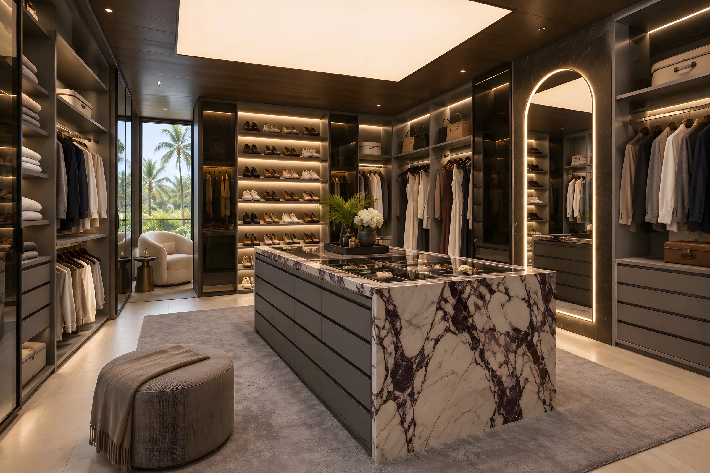Vestidor en grafito y fresno ahumado con cristal bronce, zapatera iluminada e isla de mármol Calacatta Viola, Homes Punta Cana Cap Cana