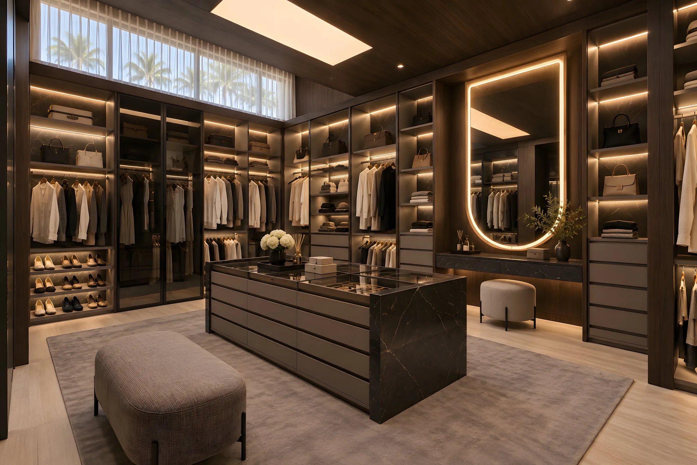 Vestidor de diseñador en nogal oscuro con puertas de cristal ahumado, estantes iluminados con LED, isla de mármol negro y espejo de arco, Homes Punta Cana Cap Cana