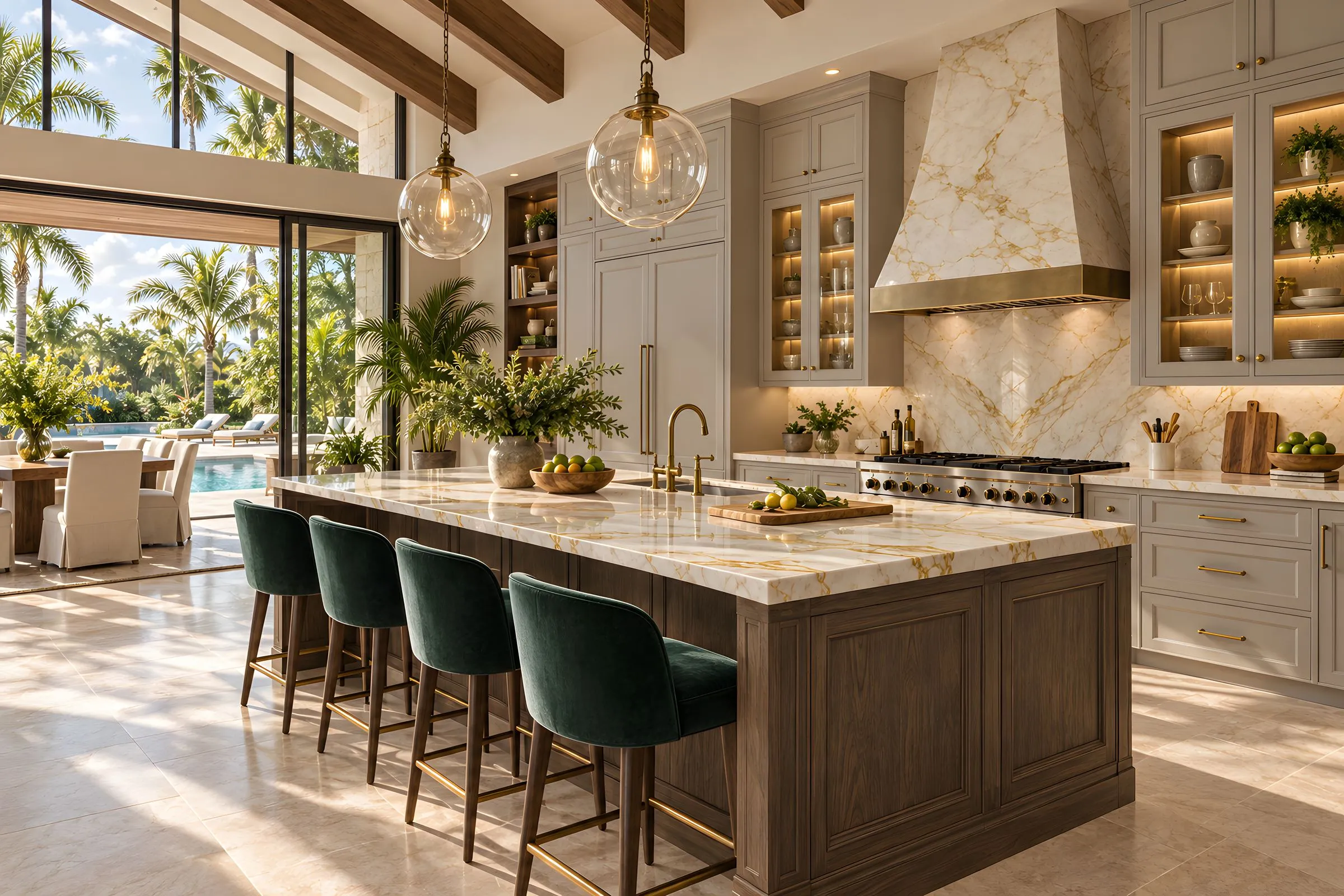 Cocina clásica contemporánea en gris perla y roble con mármol Calacatta Oro y taburetes de terciopelo esmeralda, Homes Punta Cana