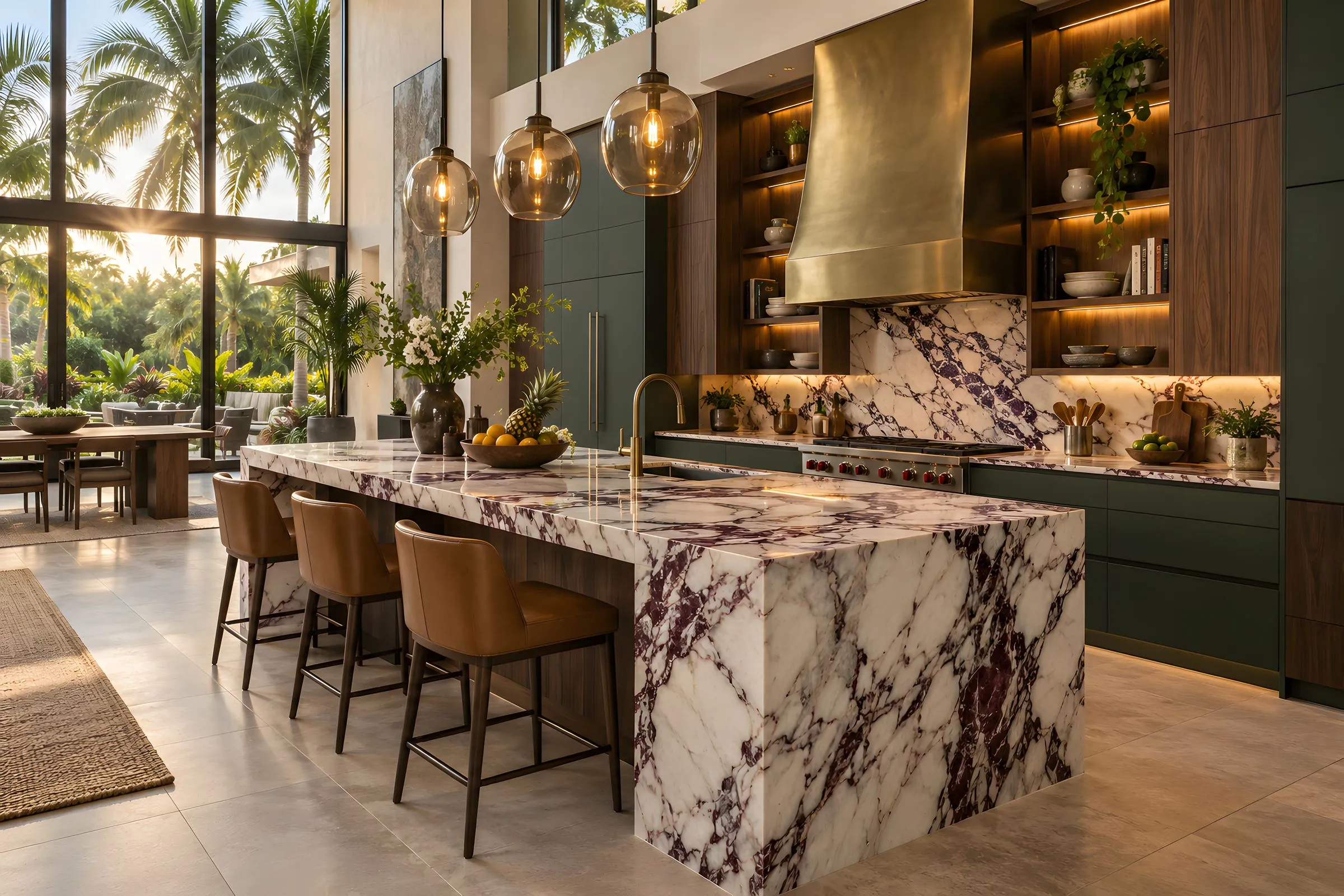 Cocina de lujo con isla en mármol Calacatta Viola, frentes de nogal y verde profundo y campana de latón, Homes Punta Cana Cap Cana