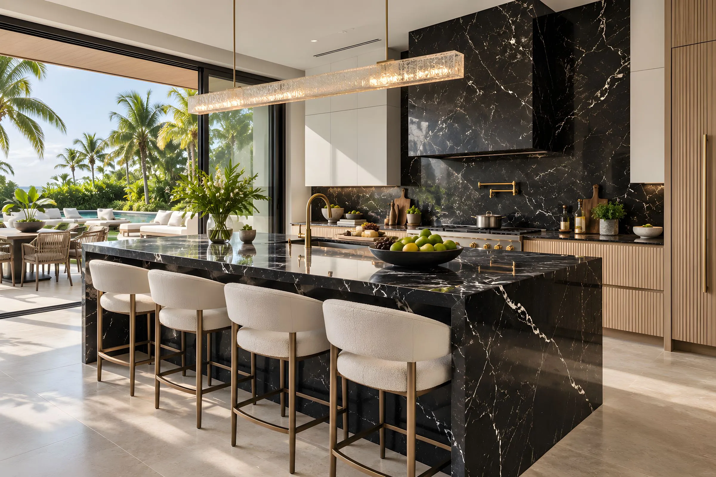 Cocina con isla en mármol negro Marquina, roble estriado y lacado blanco abierta a terraza con piscina, Homes Punta Cana Cap Cana