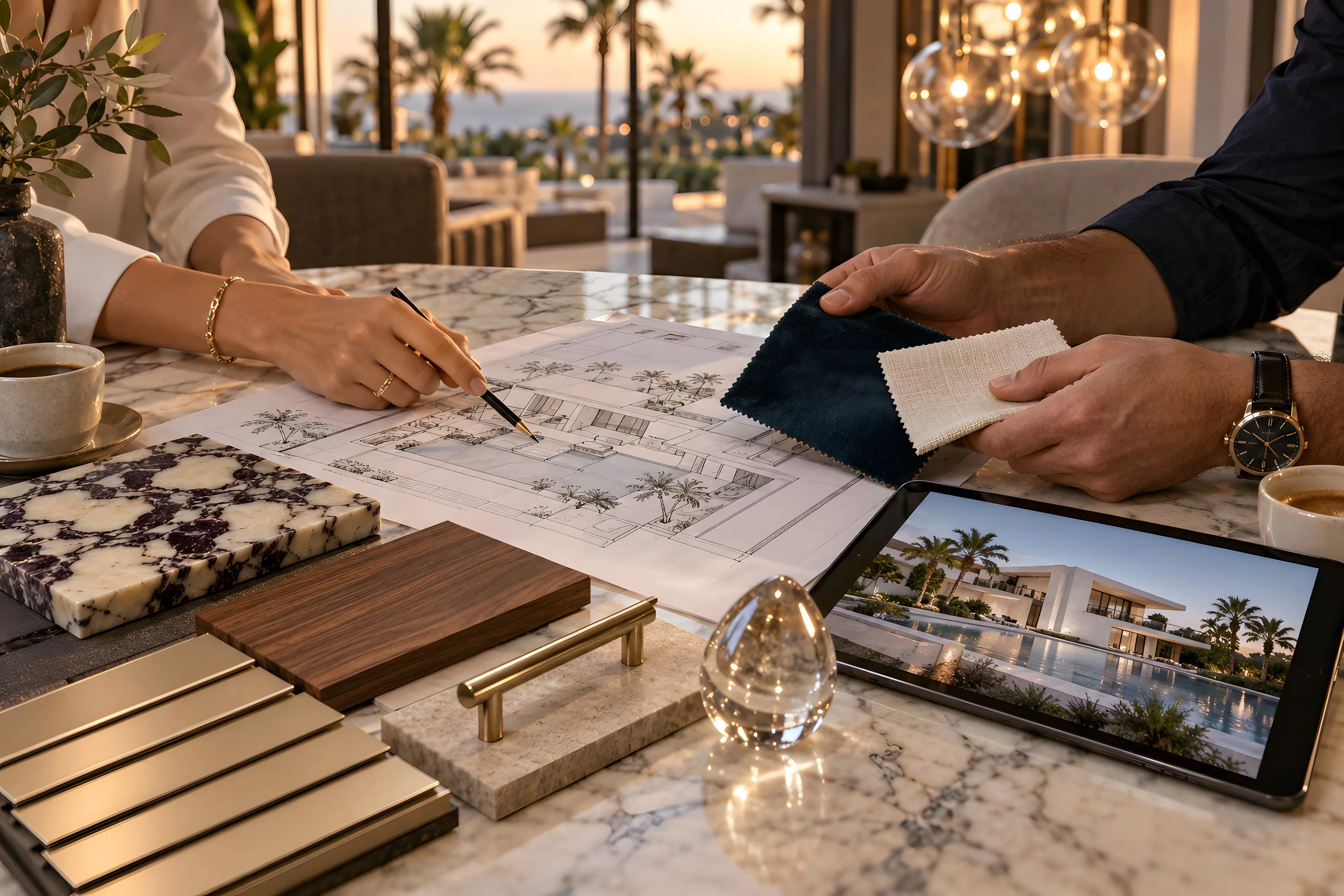 Arquitecta y cliente eligiendo materiales sobre el plano de una villa en Cap Cana: telas de cortina hotelera, mármol, nogal, shutters champán, latón y cristal soplado, con el render en tableta, Homes Punta Cana