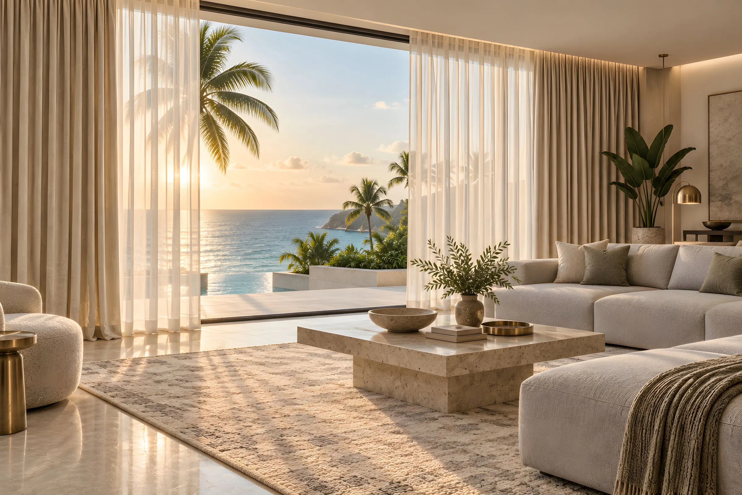 Cortinas hoteleras de lino marfil con visillo en sala con vista al mar, instalación Homes Punta Cana Cap Cana