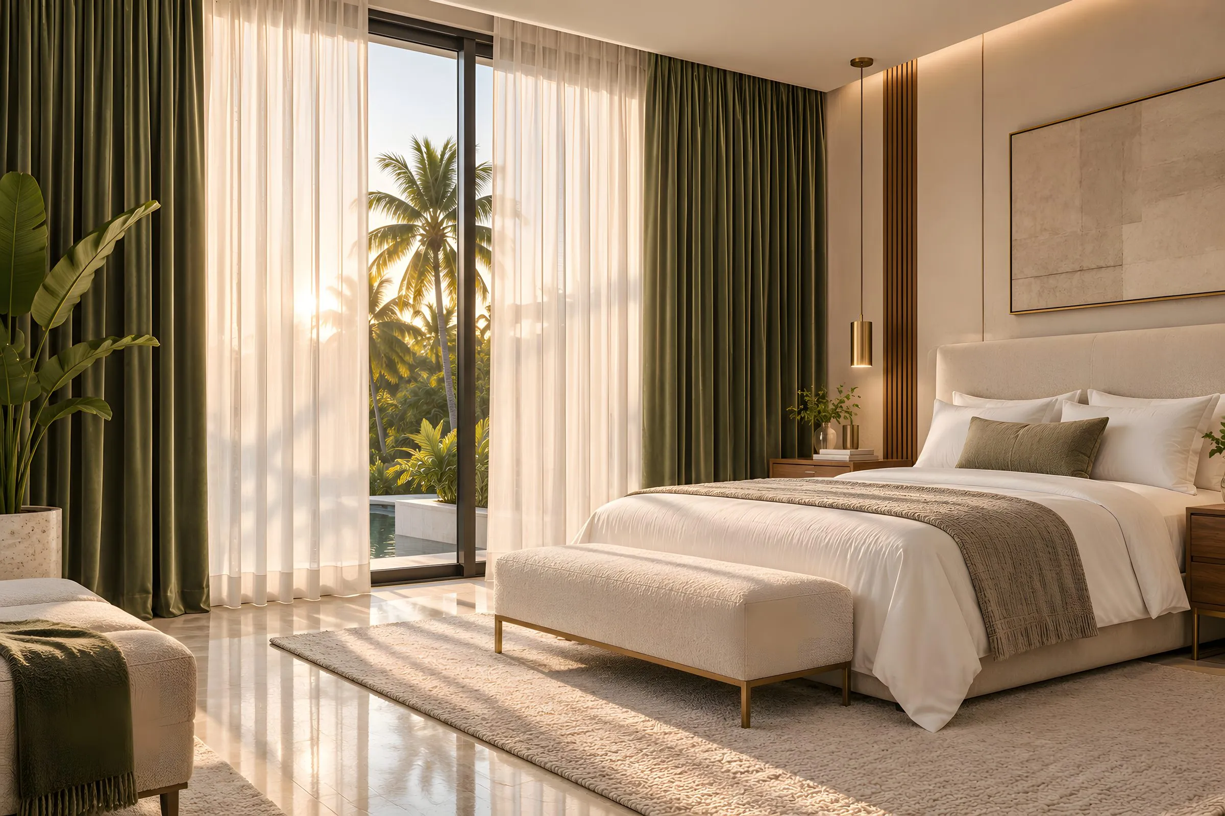 Cortinas hoteleras de terciopelo verde salvia con visillo blanco en recámara de lujo, Homes Punta Cana Cap Cana