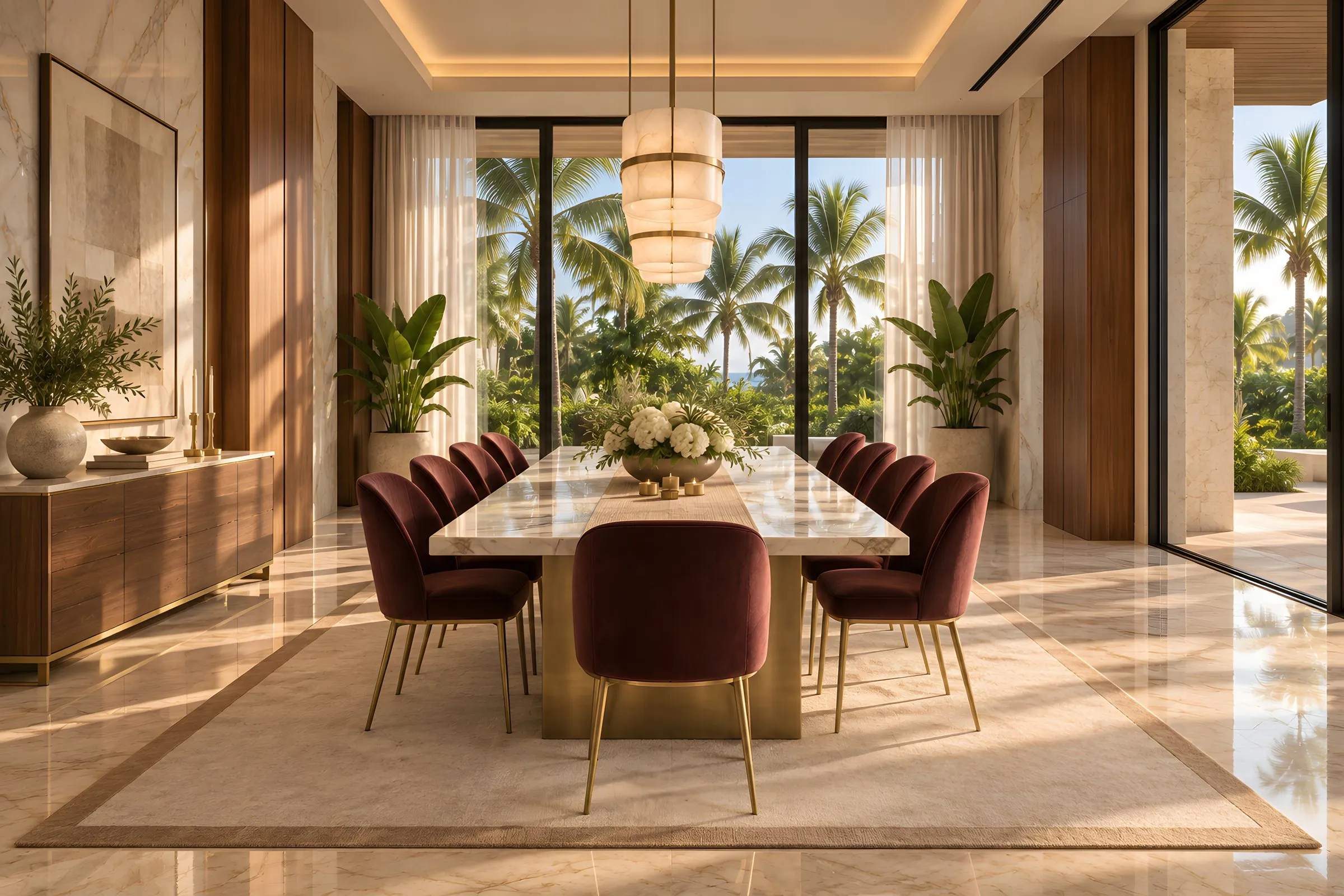 Design Project en Cap Cana: comedor con mesa de mármol Calacatta, sillas de terciopelo burdeos y lámpara de alabastro y latón