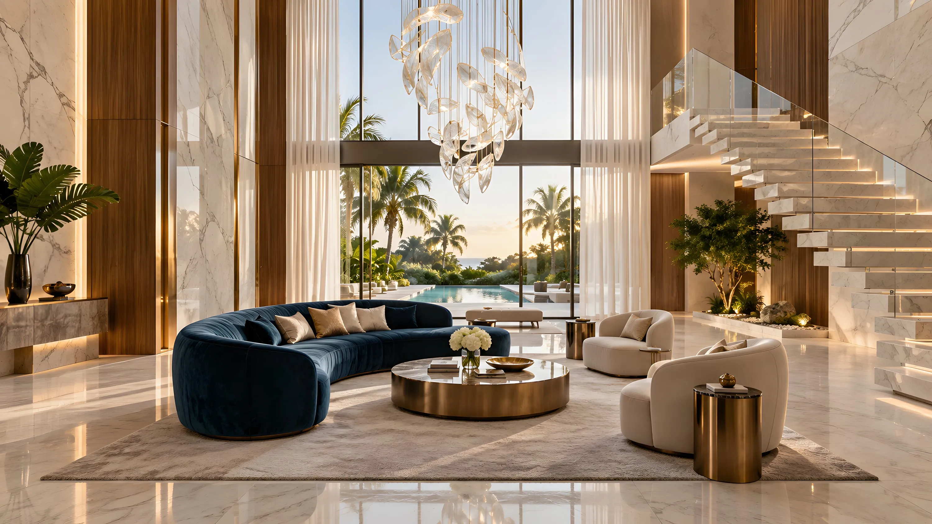 Design Project en Cap Cana: sala de doble altura con mármol Calacatta, nogal, sofá azul petróleo y lámpara de cristal