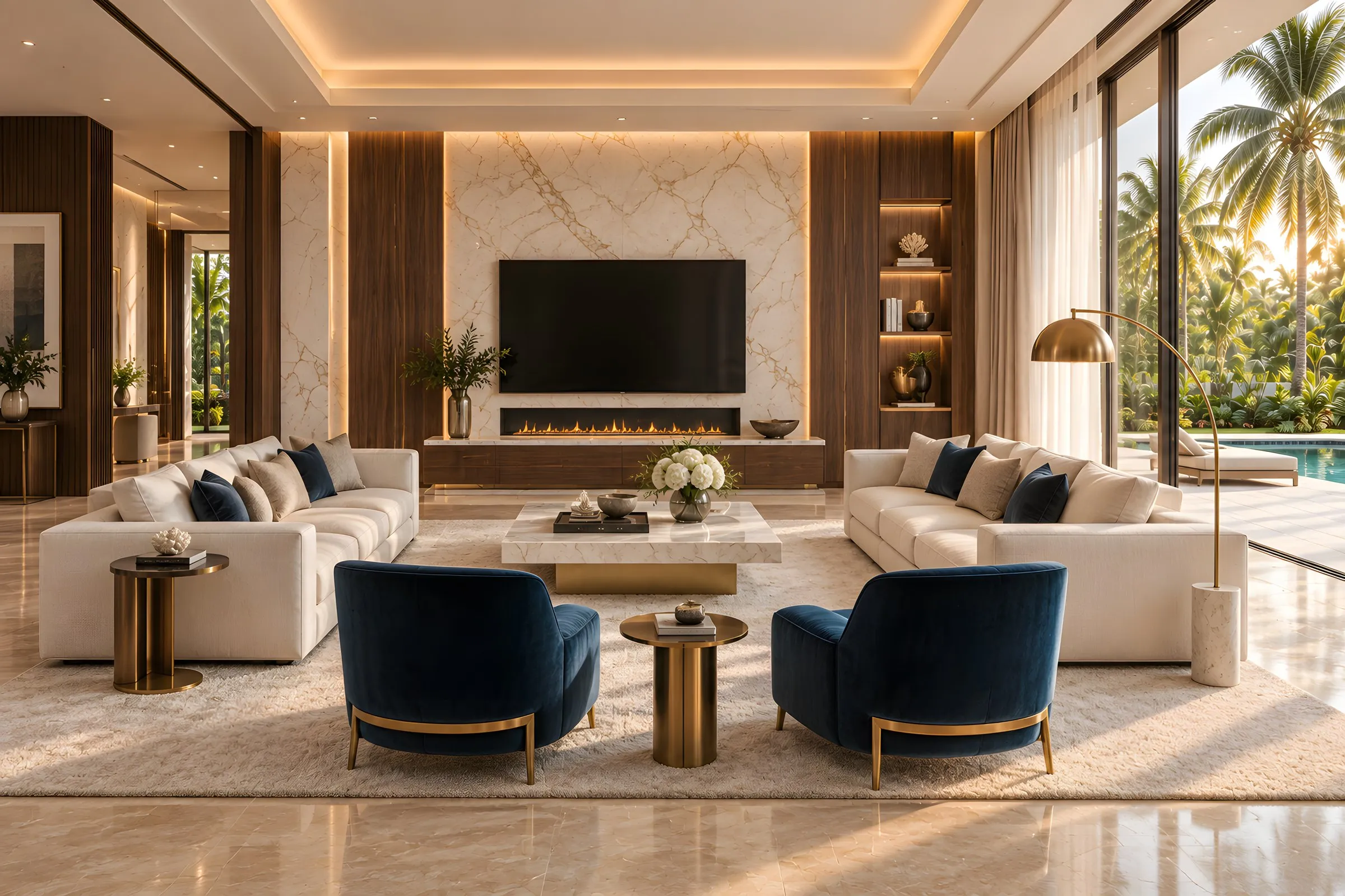 Design Project en Cap Cana: sala con muro de mármol Calacatta, chimenea lineal, paneles de nogal y butacas de terciopelo azul