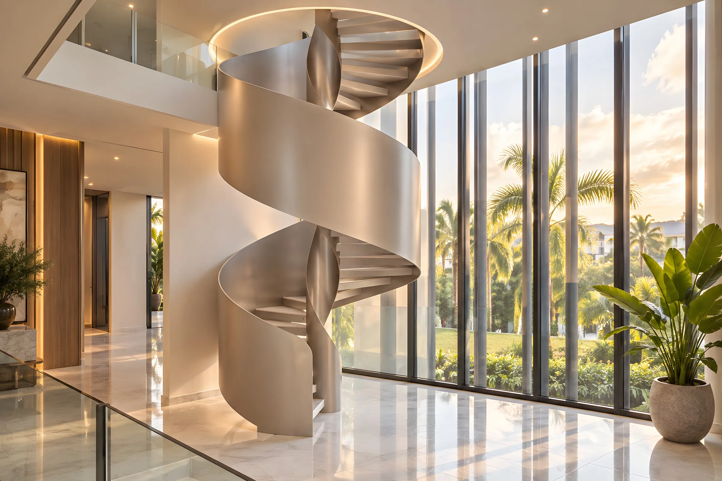 Escalera de caracol a doble altura en acabado champán con columna central y cinta continua, Homes Punta Cana