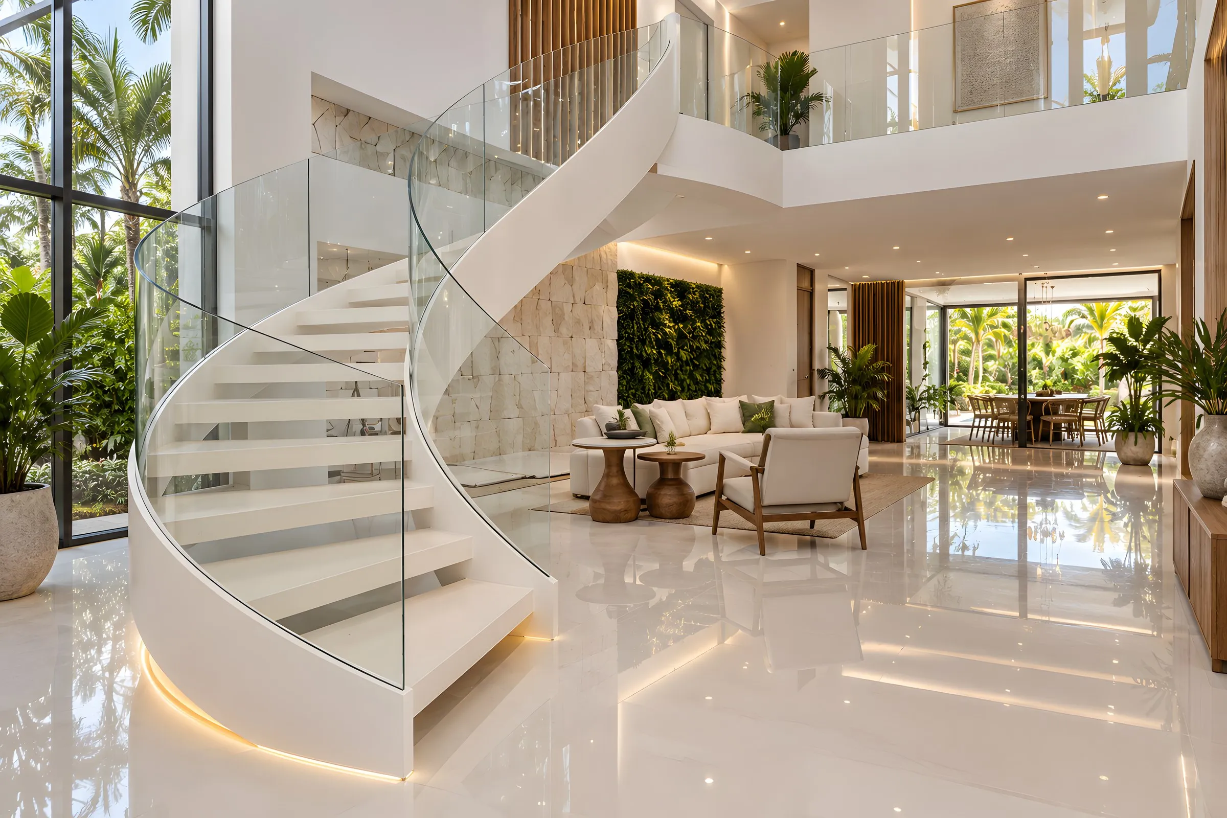 Escalera curva blanca con baranda de vidrio y luz LED bajo el zócalo en vestíbulo a doble altura, Homes Punta Cana Cap Cana