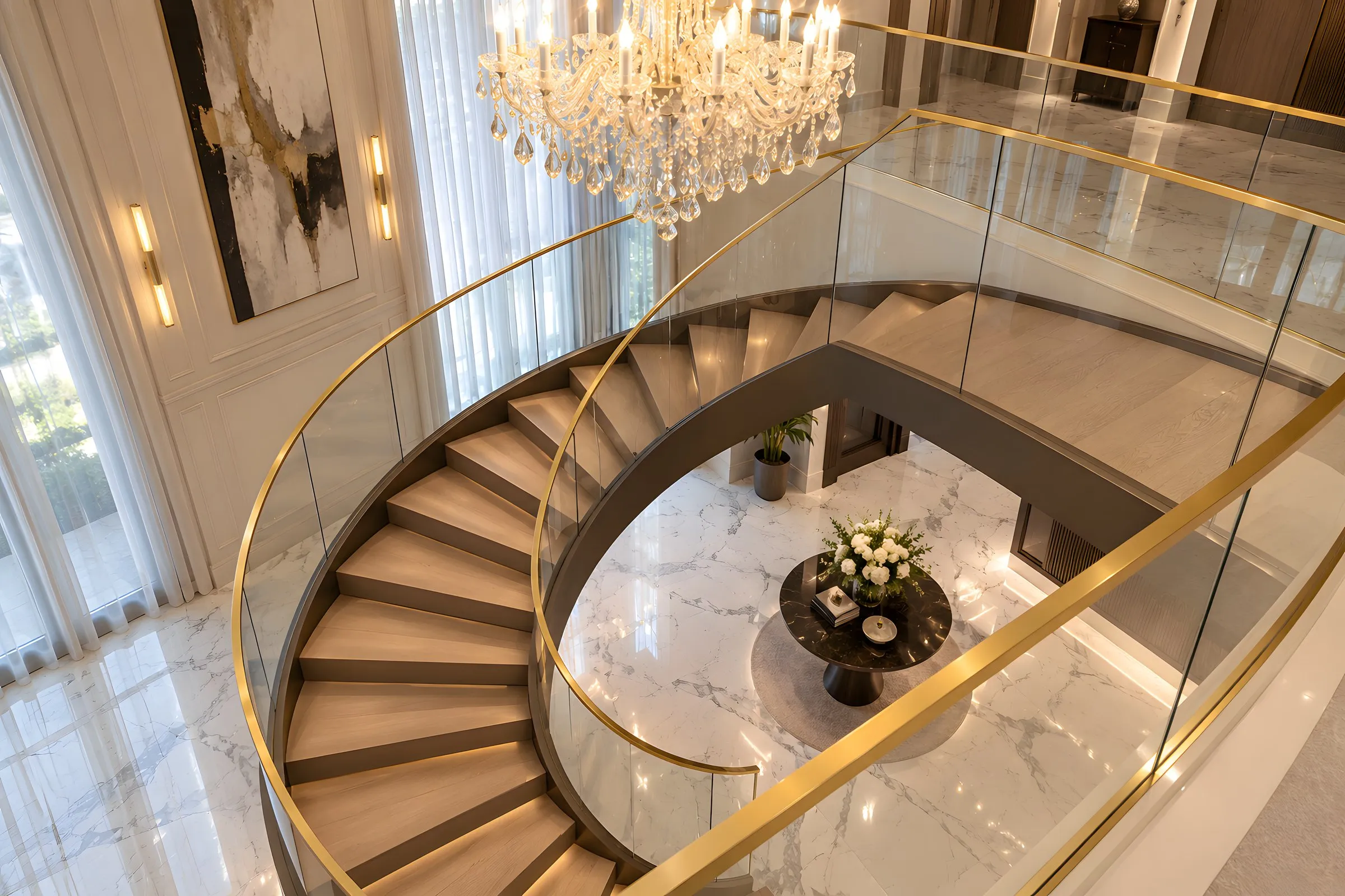 Escalera curva con peldaños de madera, baranda de vidrio y pasamanos dorado bajo lámpara araña de cristal, vista desde el segundo piso, Homes Punta Cana