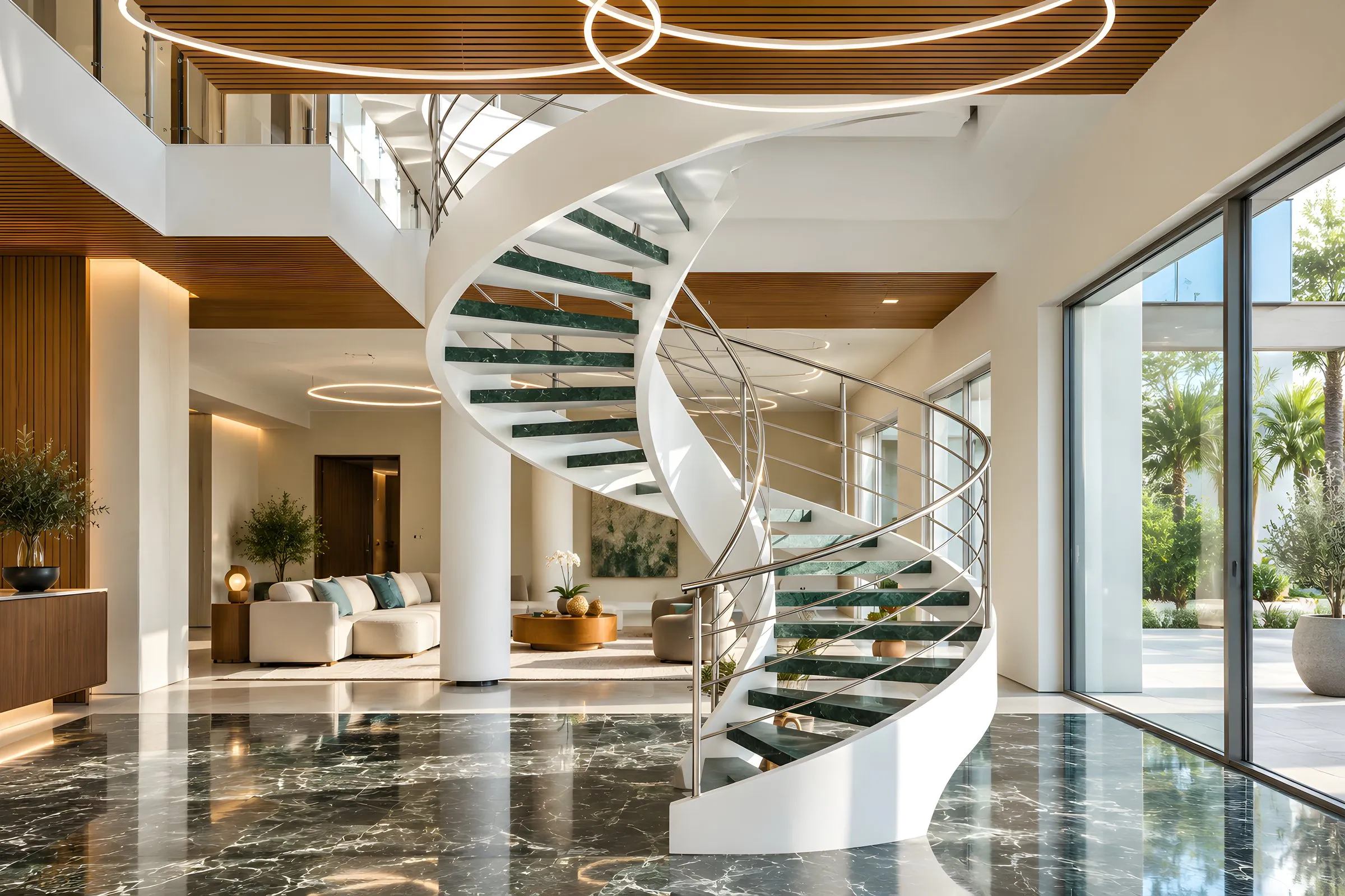 Escalera helicoidal blanca con peldaños de mármol verde y baranda de acero inoxidable sobre suelo de mármol verde, Homes Punta Cana