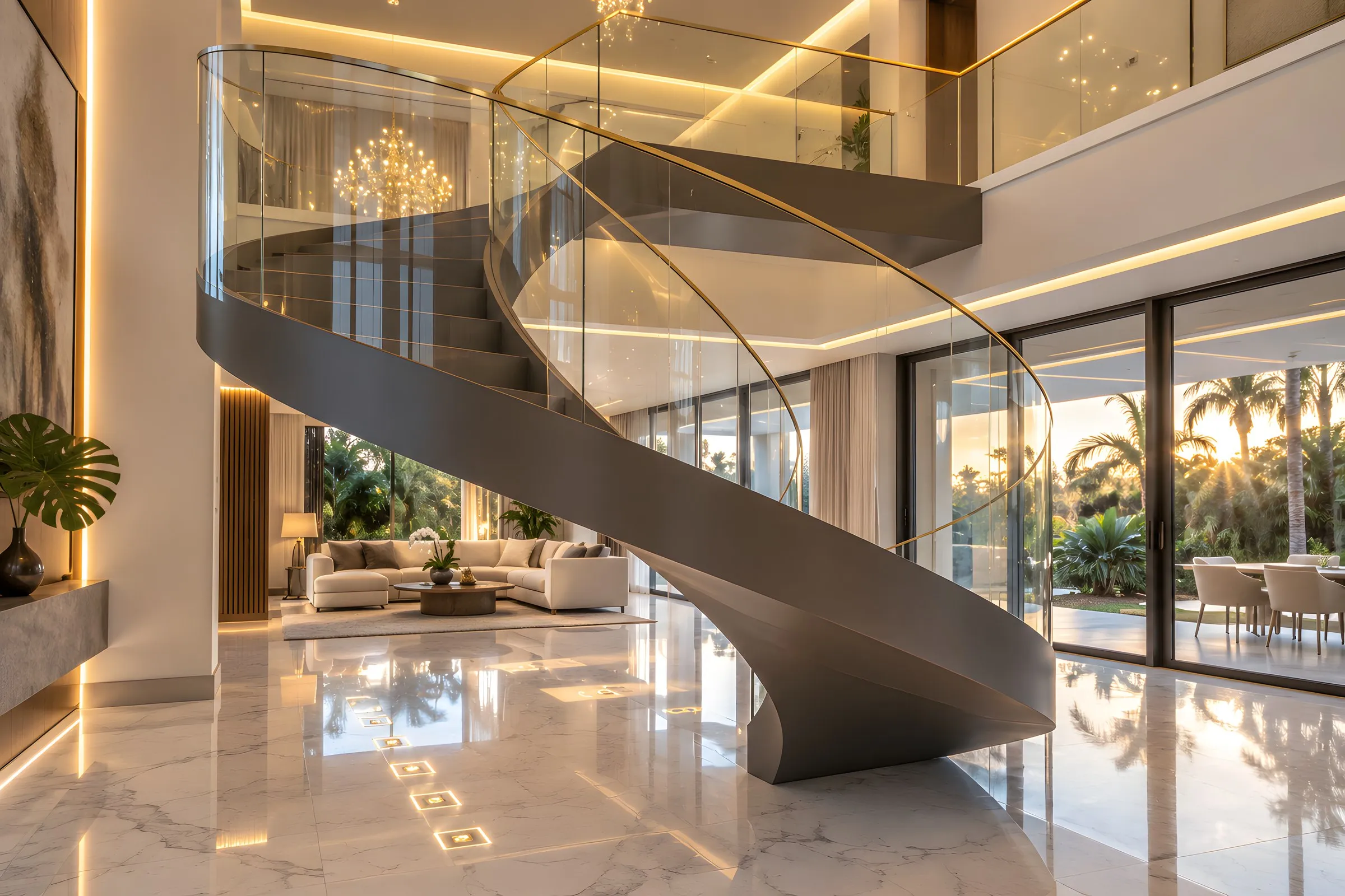 Escalera helicoidal en grafito con baranda de vidrio curvo y pasamanos dorado que desembarca en mezzanine, Homes Punta Cana Cap Cana