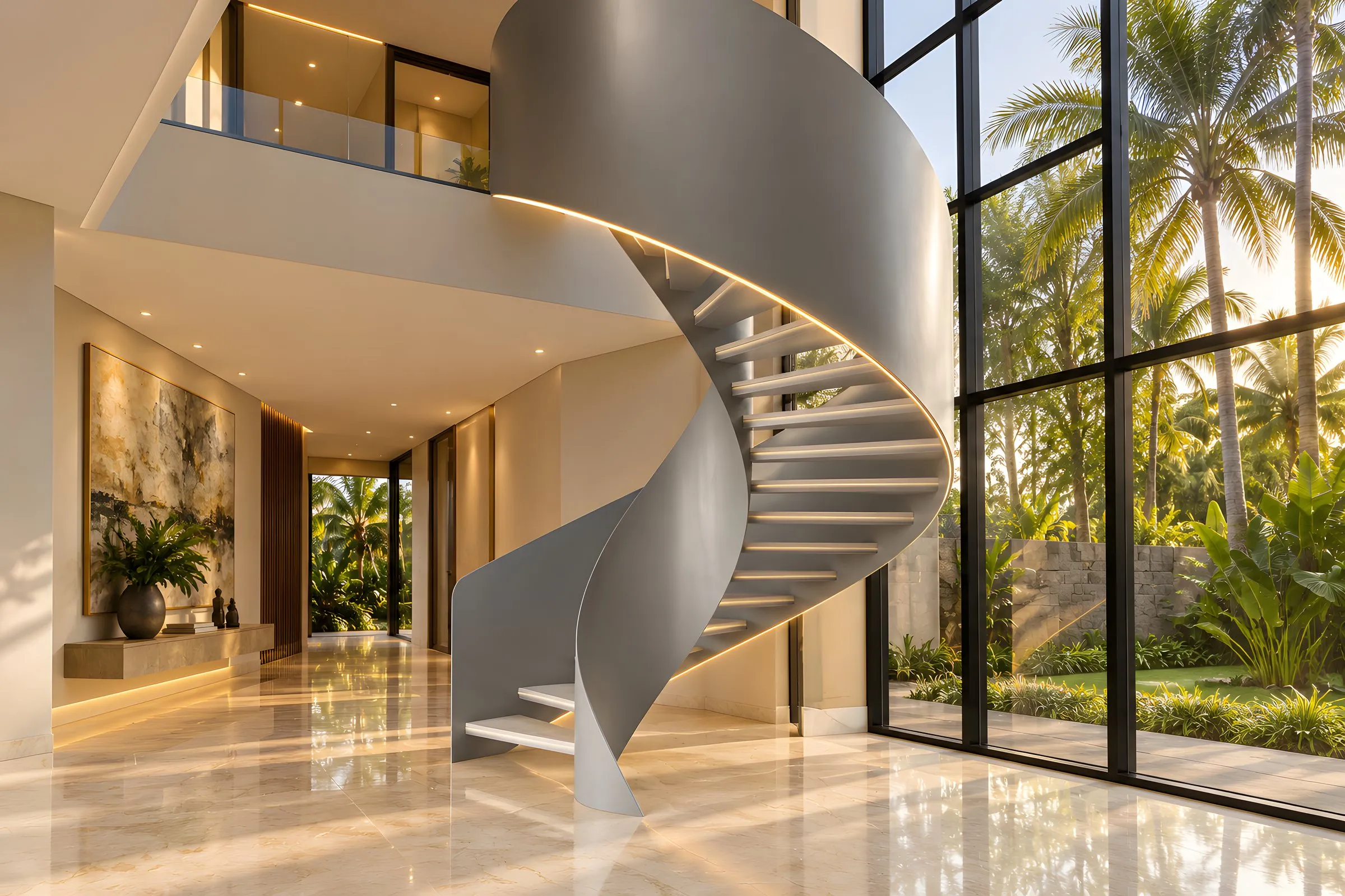 Escalera helicoidal a doble altura con cinta de acero gris plata y peldaños volados frente a ventanal con palmeras, Homes Punta Cana