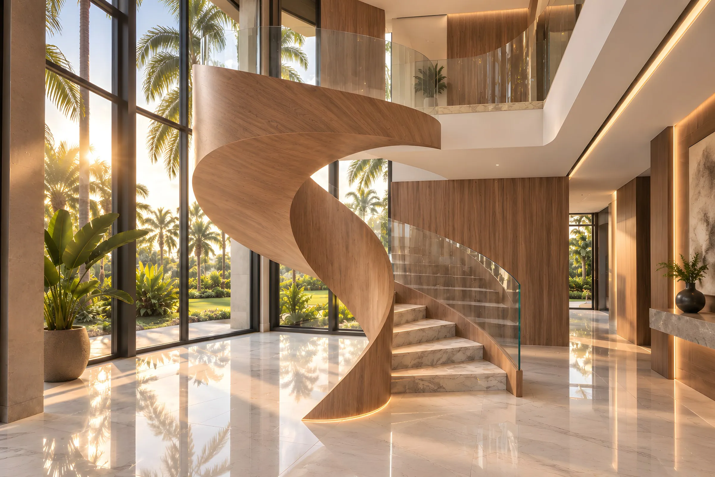 Escalera helicoidal revestida en madera de nogal con peldaños de mármol y baranda de vidrio curvo frente a jardín tropical, Homes Punta Cana Cap Cana