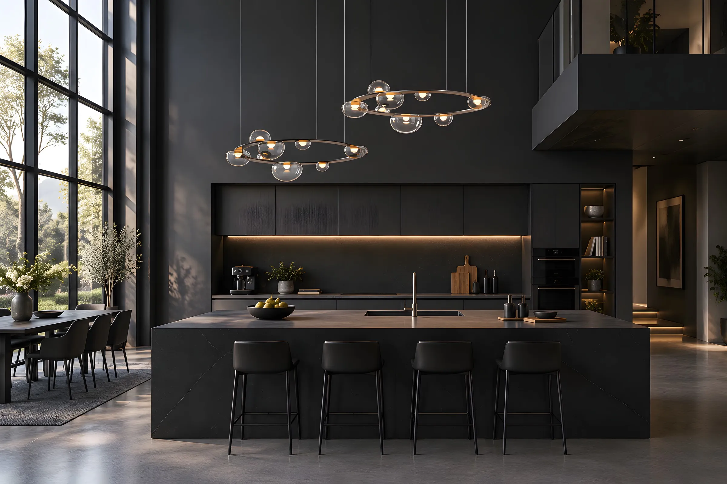 Lámparas de anillos con esferas de cristal sobre isla de cocina negra a doble altura, Homes Punta Cana