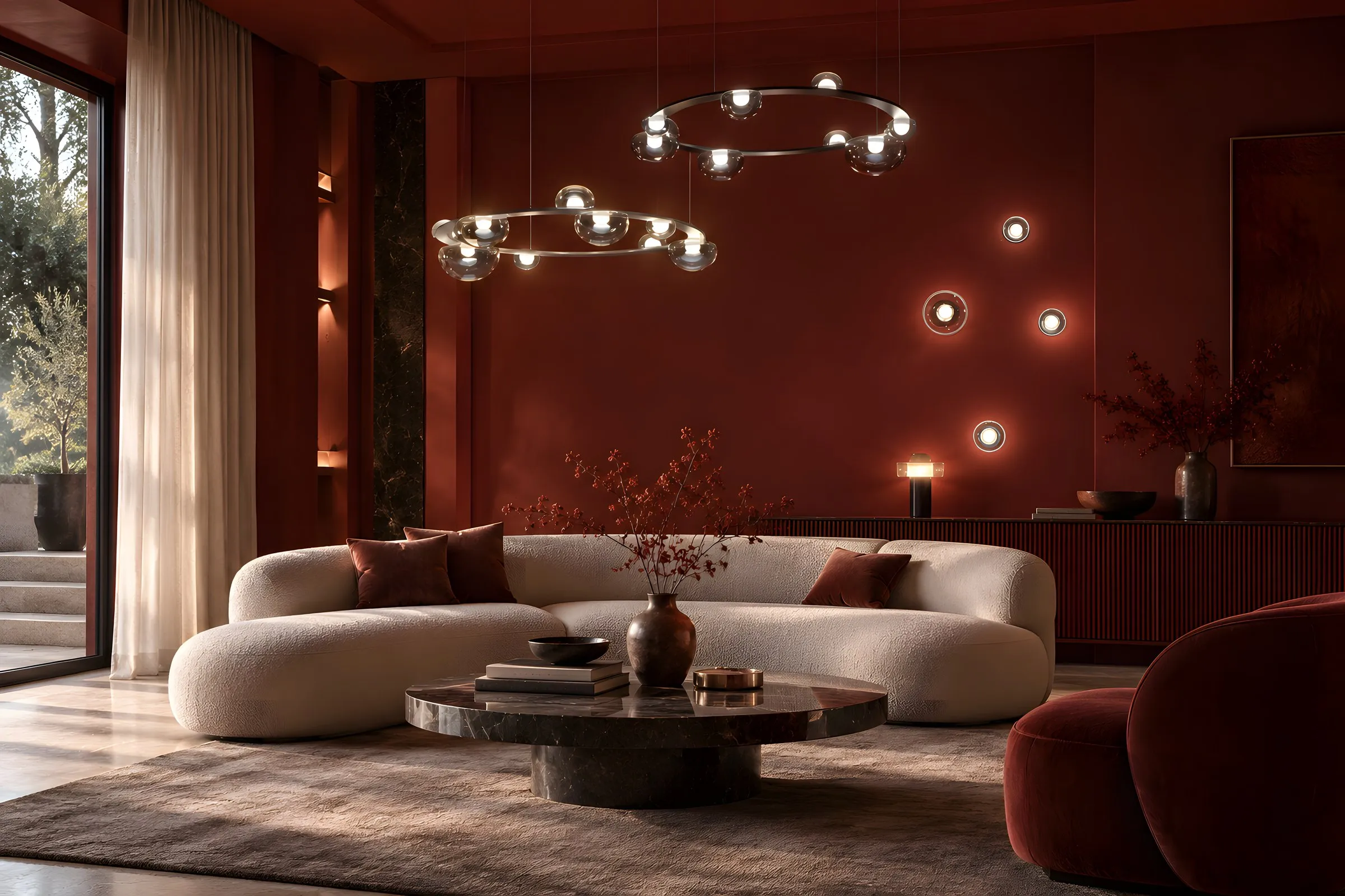 Lámpara de anillos con esferas de cristal soplado en sala de muros rojo óxido, iluminación decorativa Homes Punta Cana