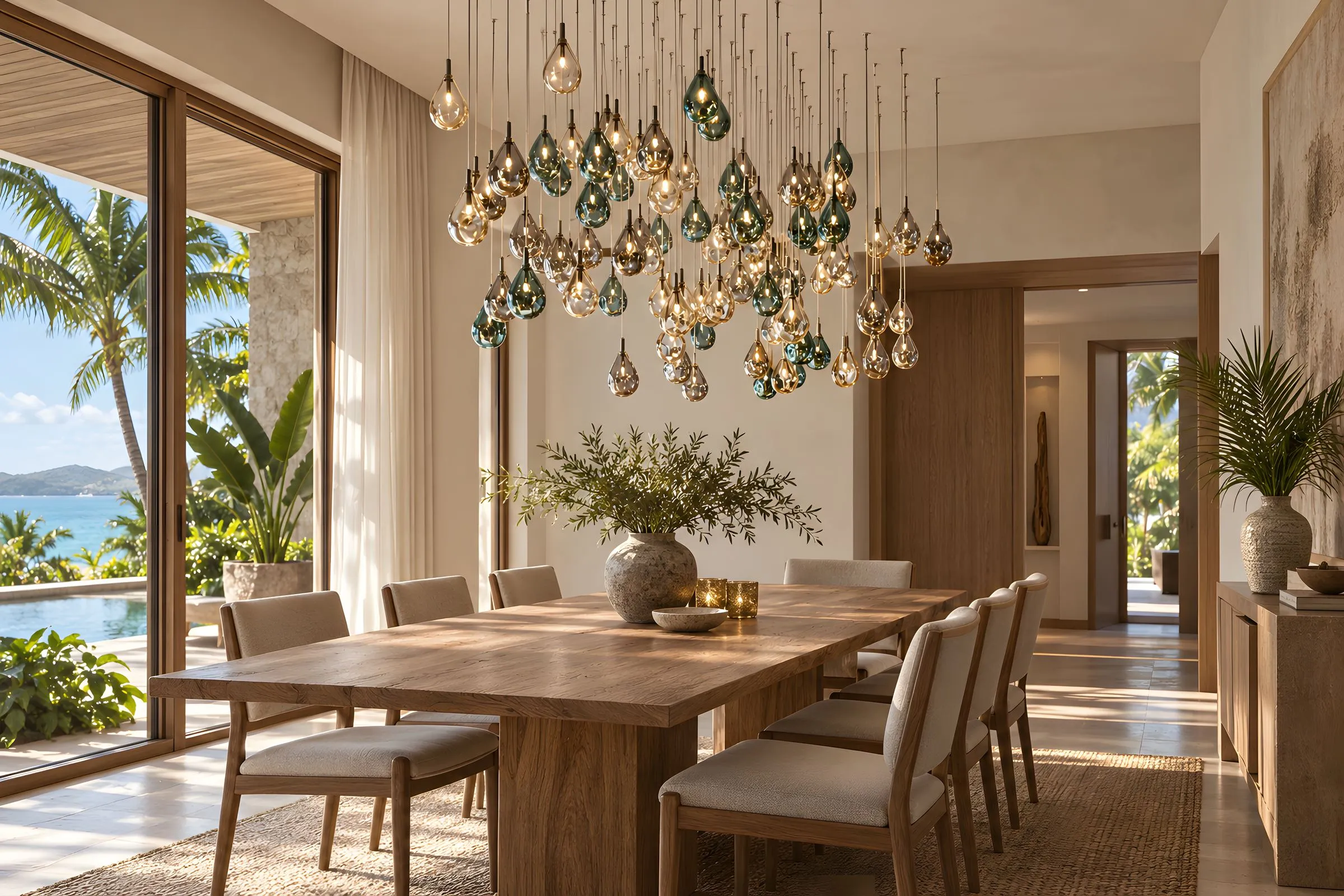 Cascada de gotas de cristal soplado verde y ámbar sobre comedor de madera con vista al mar, Homes Punta Cana Cap Cana