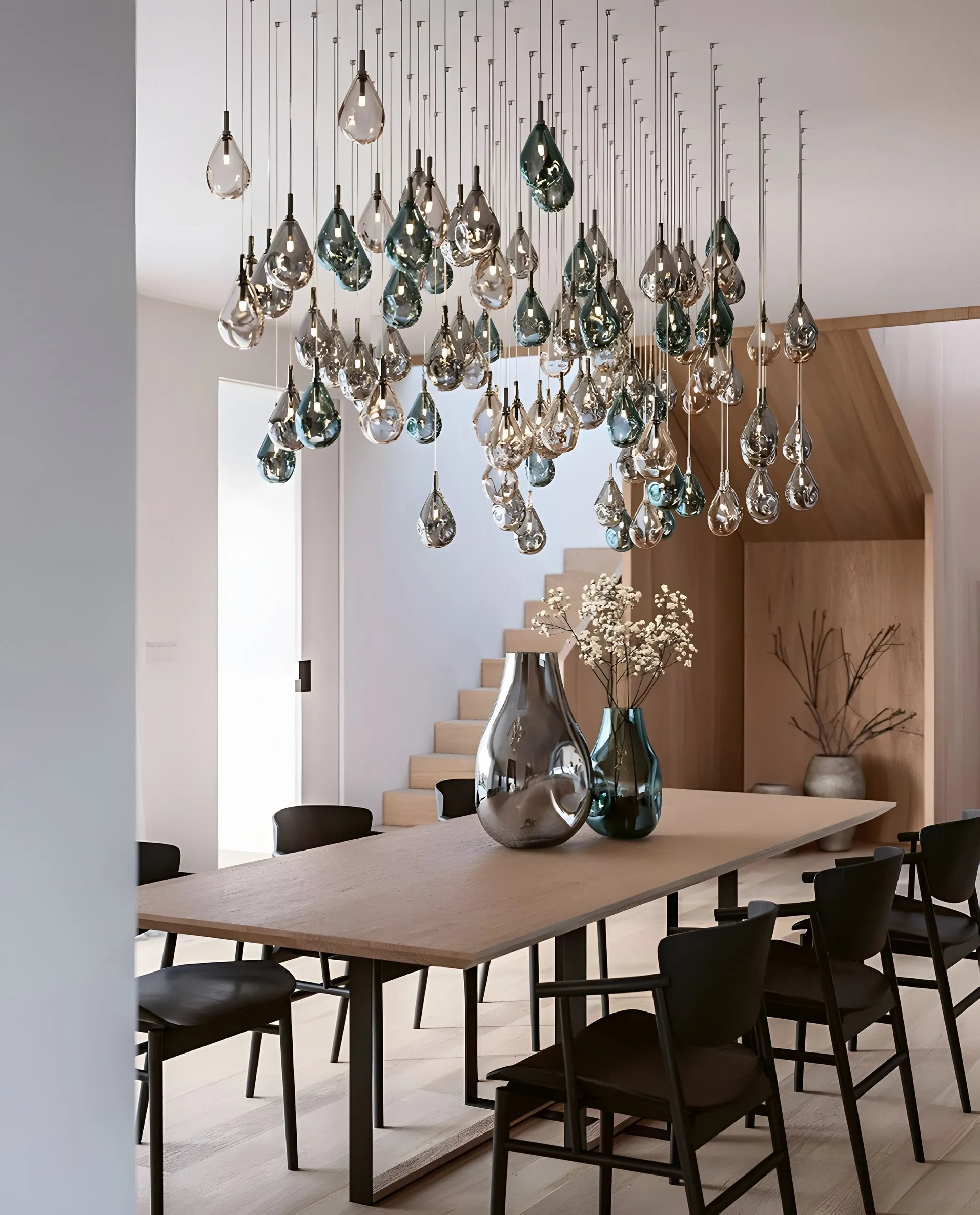 Lámpara de comedor en cascada de gotas de cristal soplado en tonos verde y ámbar, Homes Punta Cana