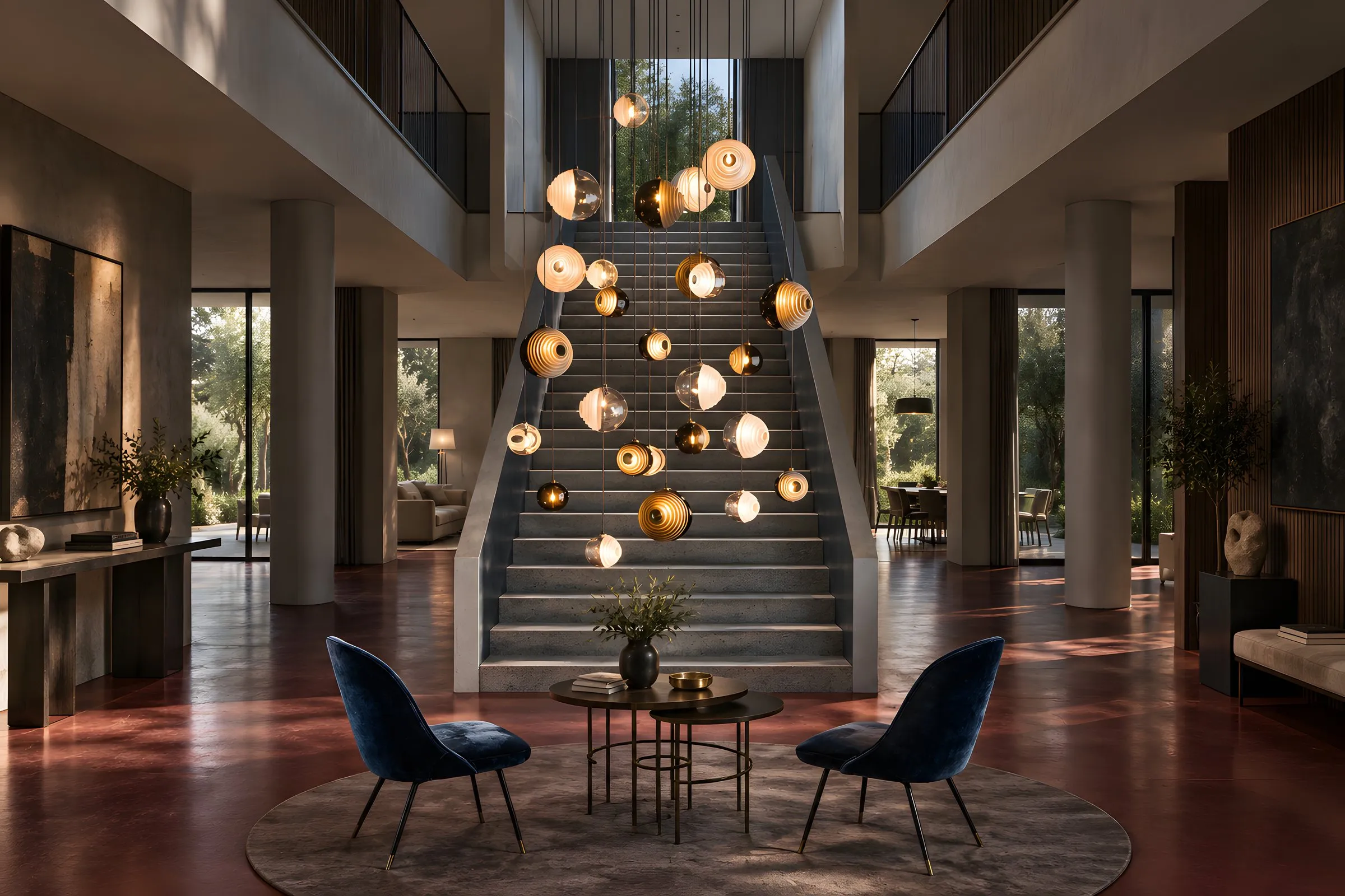 Composición de esferas de cristal soplado a distintas alturas sobre escalera de doble altura, Homes Punta Cana
