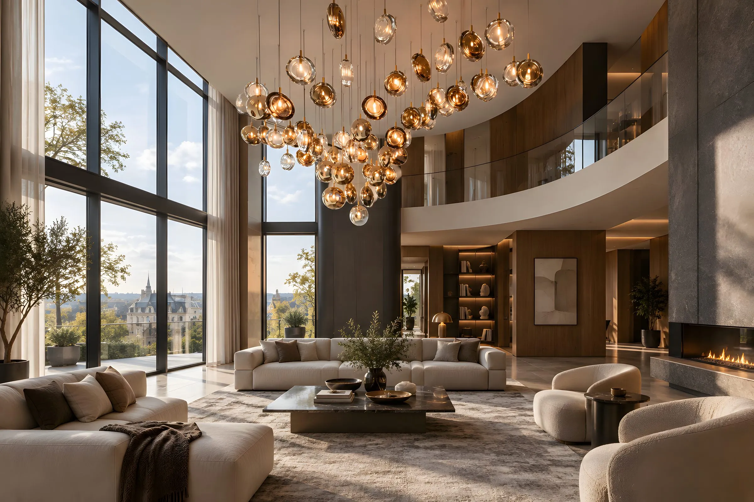 Lámpara de lentes de cristal ámbar y ahumado en sala a doble altura con ventanales, Homes Punta Cana