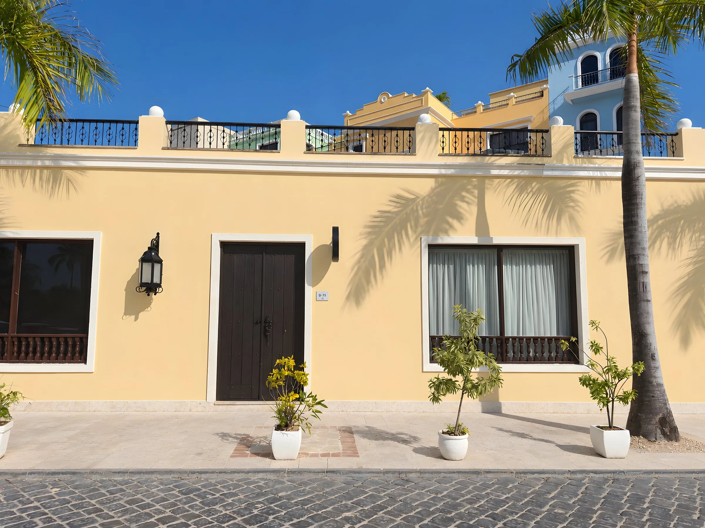 Façade of the Homes Punta Cana office, unit D-75 at the Fishing Lodge in Cap Cana: yellow colonial house with dark timber door, iron lantern and palm trees