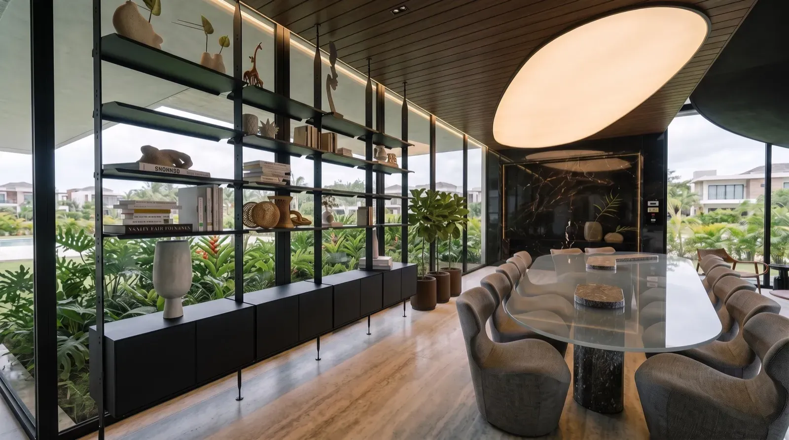 Design Project de Homes Punta Cana: comedor con estantería abierta y vista al jardín tropical