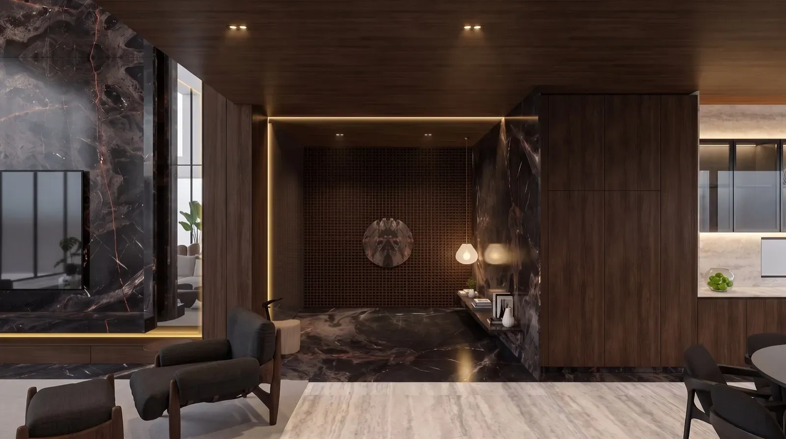 Design Project de Homes Punta Cana: recibidor de lujo con mármol negro, madera y luz indirecta