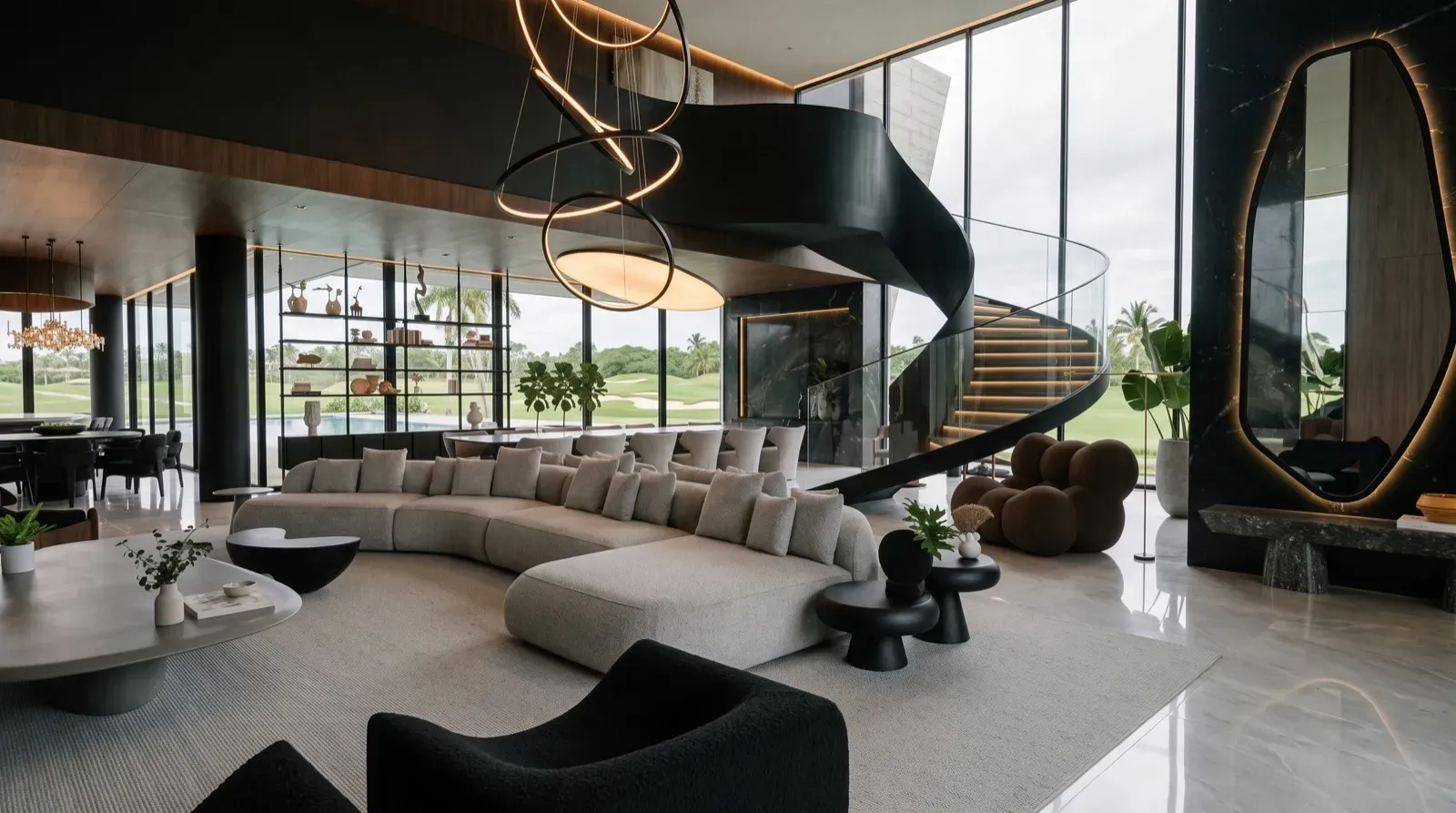 Design Project de Homes Punta Cana: sala lounge con sofá curvo, espejo orgánico y escalera de caracol