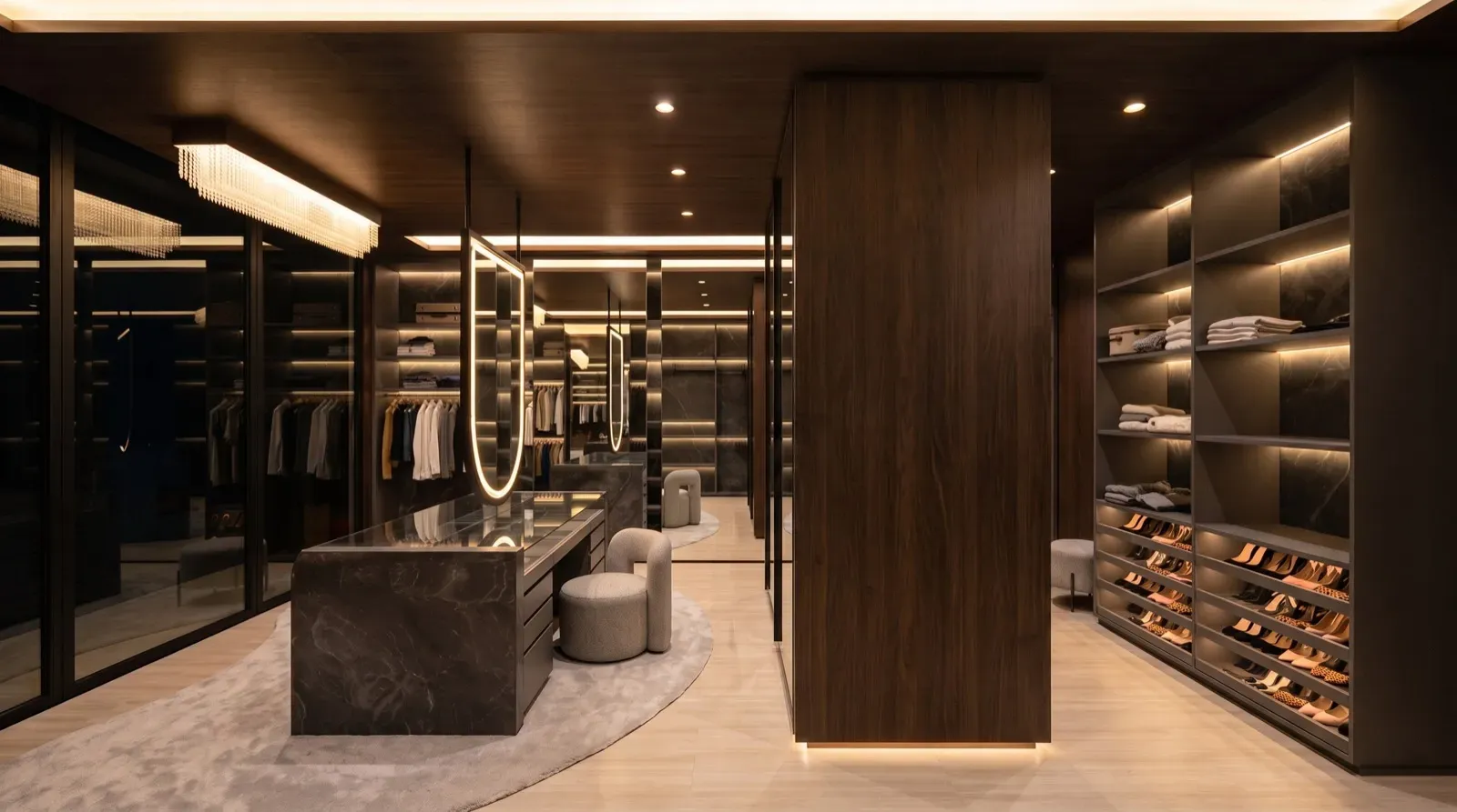 Design Project de Homes Punta Cana: vestidor con espejos de cuerpo entero y tocador de mármol