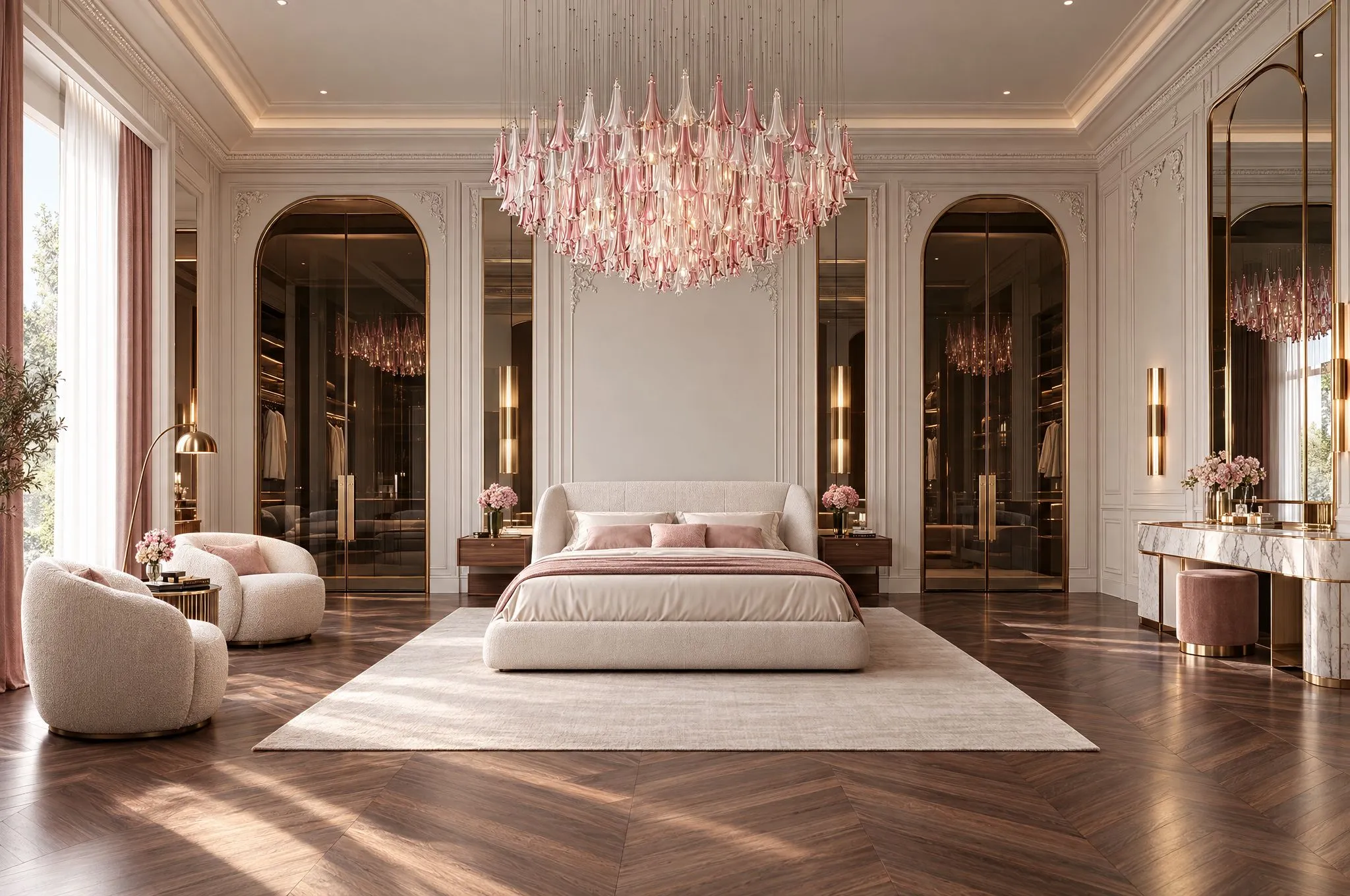Remodelación de dormitorio con candelabro de Murano, nichos en arco y vestidor de cristal ahumado