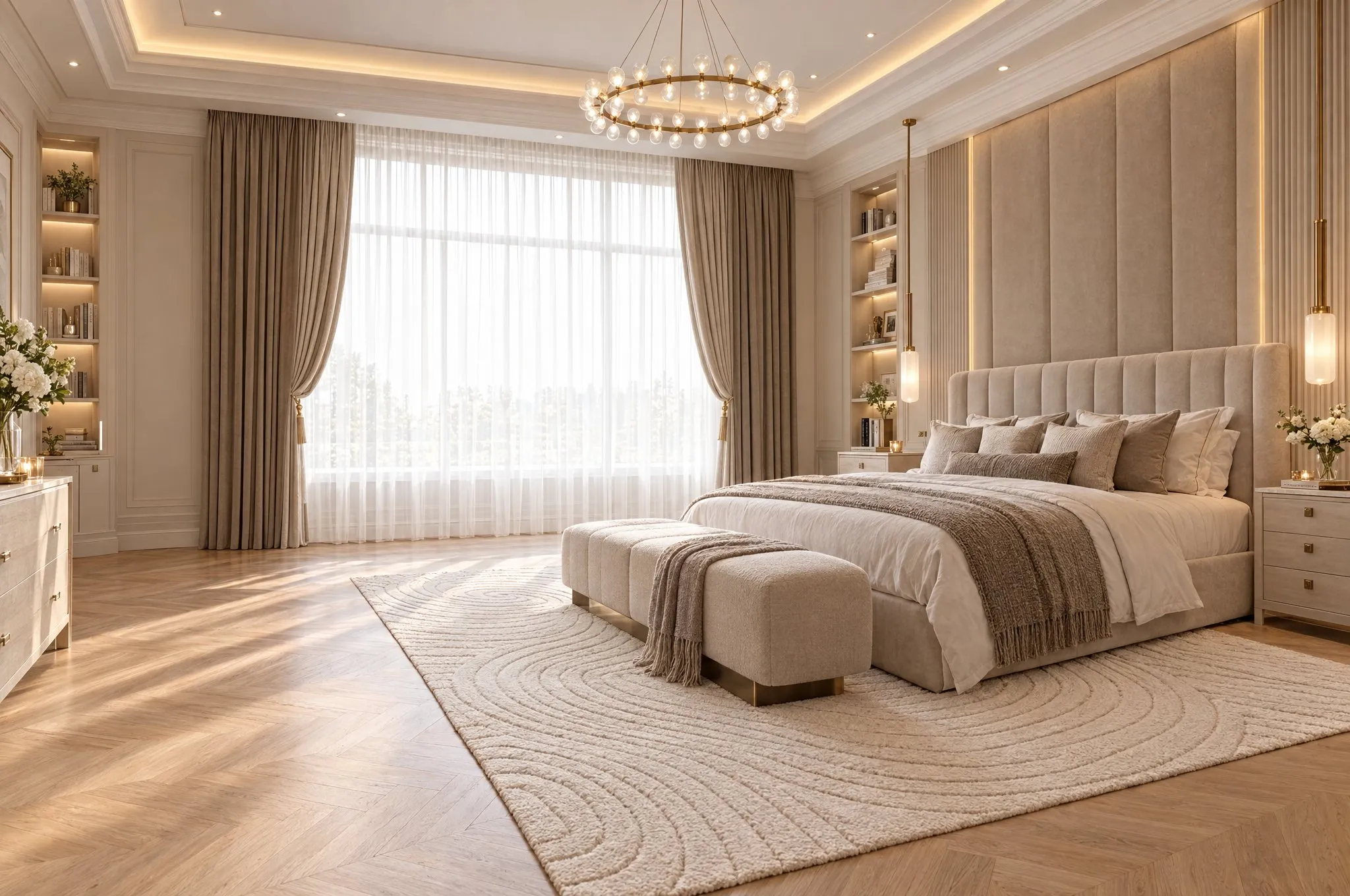 Remodelación de dormitorio principal con cabecera tapizada, lámpara de anillo y piso de espiga