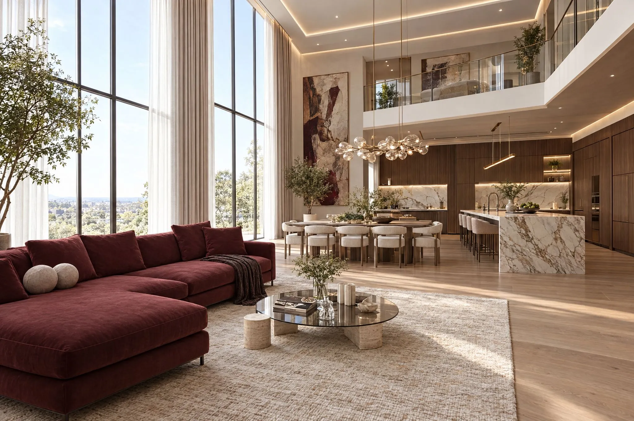 Remodelación integral de lujo en Cap Cana: sala y comedor a doble altura con cocina de mármol por Homes Punta Cana
