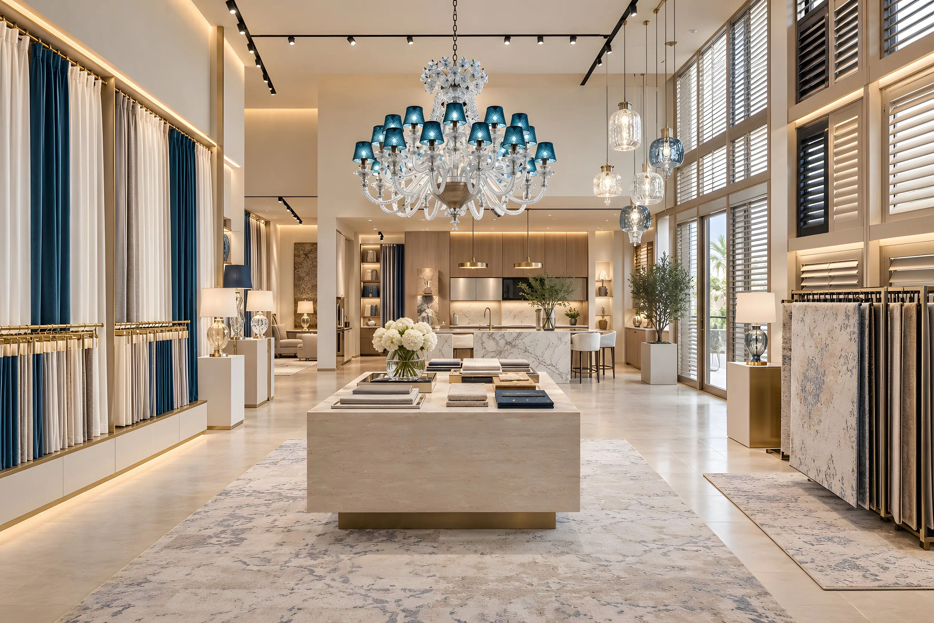 Showroom de Homes Punta Cana en Cap Cana: tienda con pared de cortinas hoteleras en rieles, módulos de shutters metálicos motorizados, lámpara de cristal de Murano azul, expositor de alfombras, lámparas de cristal soplado y cocina de exhibición