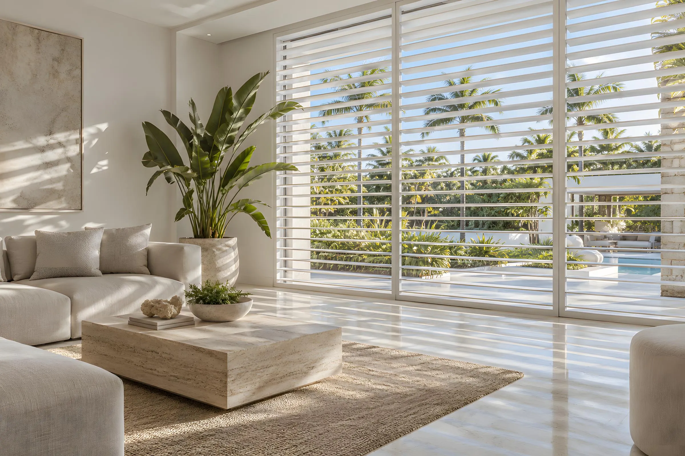 Shutters metálicos motorizados en blanco a doble altura en sala tropical con vista a piscina, Homes Punta Cana Cap Cana