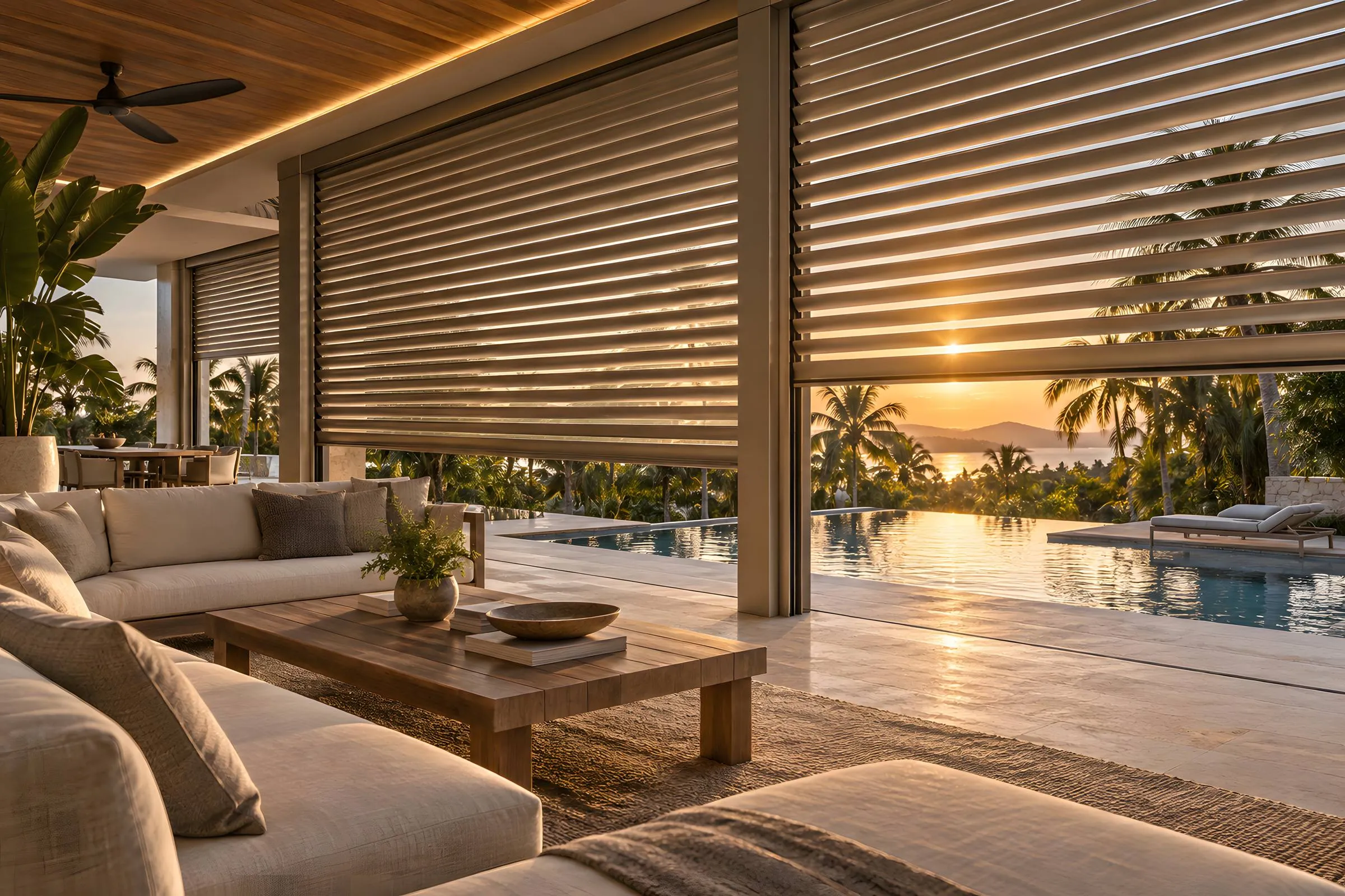 Shutters metálicos motorizados en acabado champán cerrando una terraza con piscina al atardecer, Homes Punta Cana Cap Cana