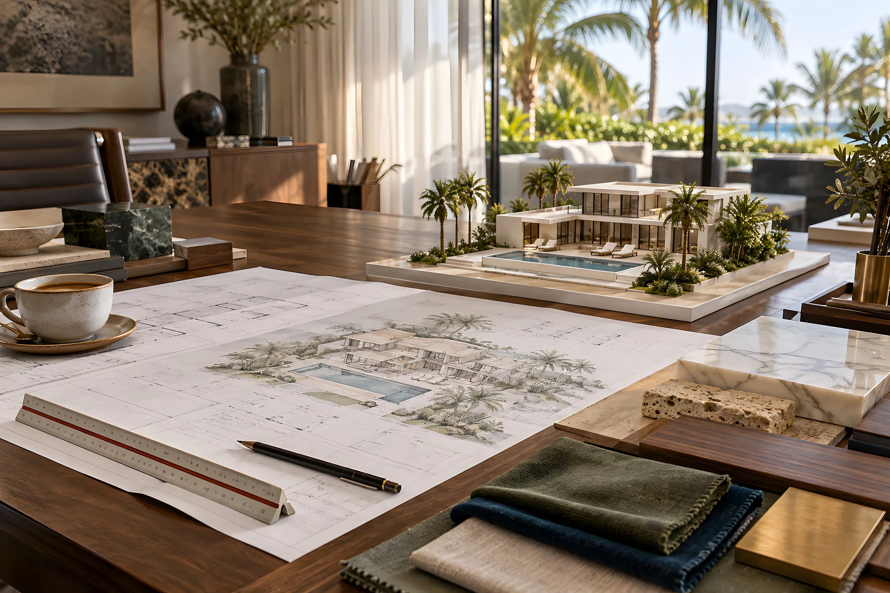 Mesa de trabajo del estudio de Homes Punta Cana en Cap Cana con planos de una villa, maqueta y muestras de mármol, piedra coralina, nogal, latón y telas