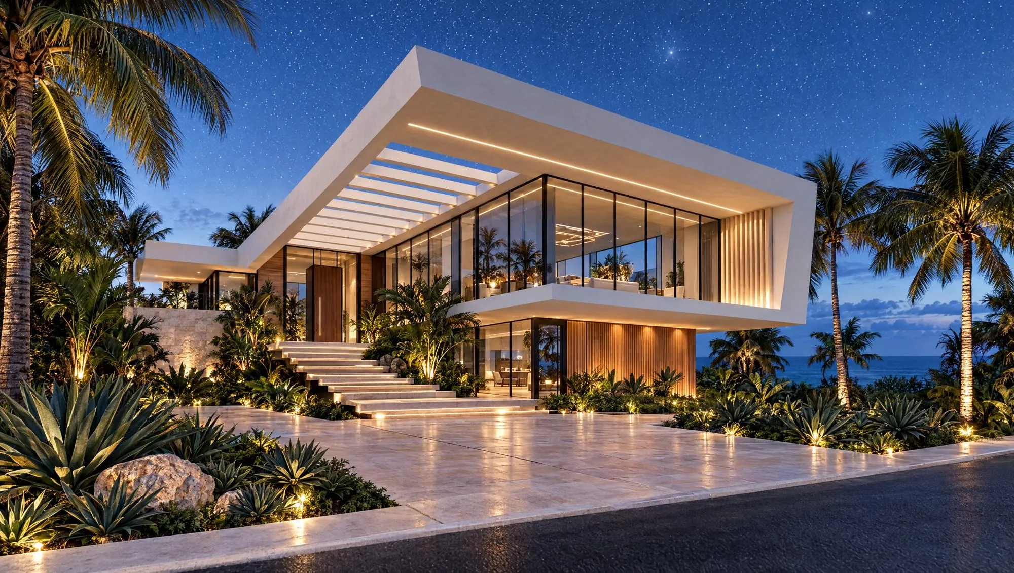 Villa blanca escultórica en Cap Cana con volumen en voladizo, escalera monumental y vista al mar, nuevo proyecto de Homes Punta Cana
