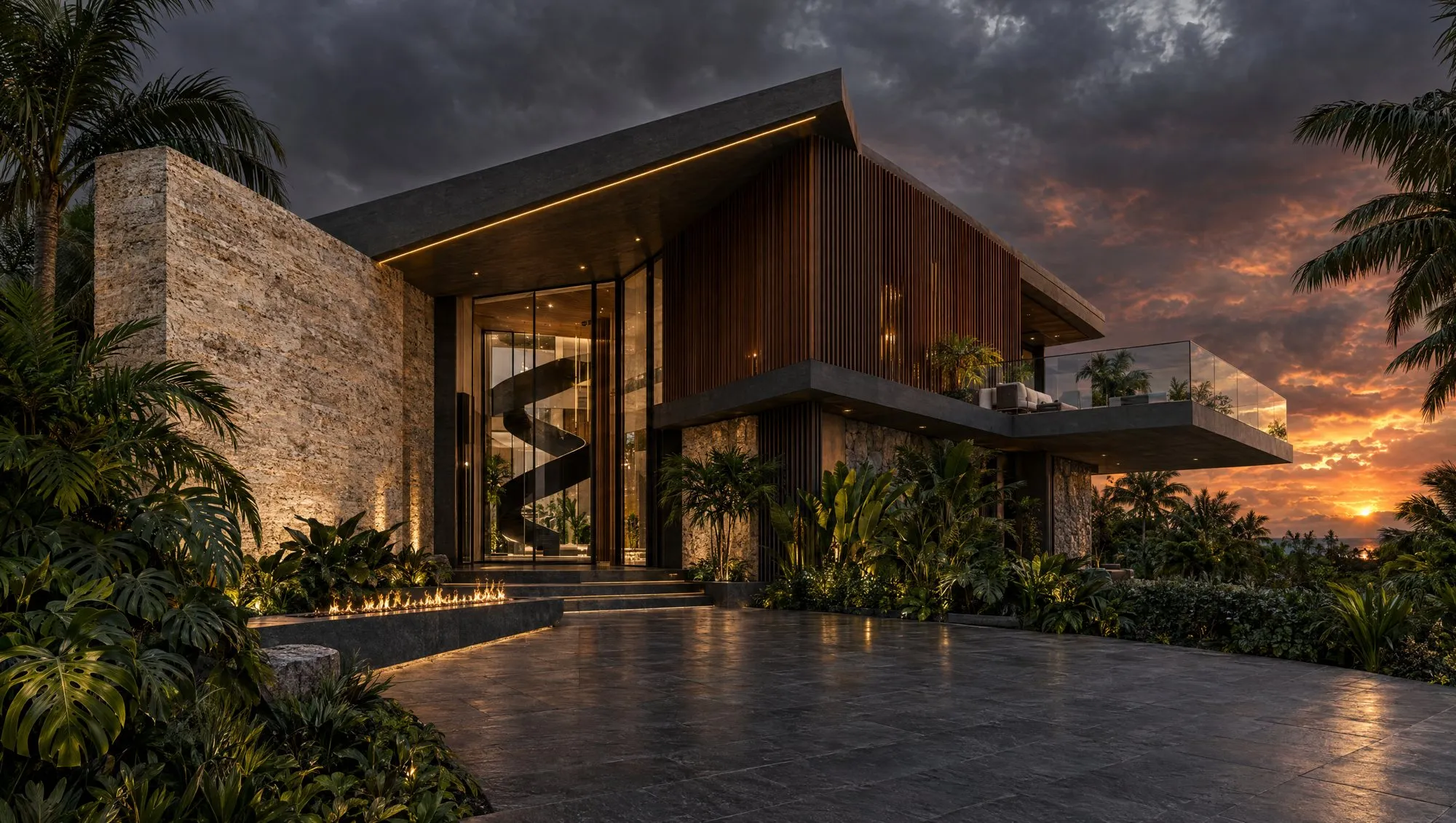 Villa contemporánea oscura en Cap Cana con muro de piedra, listones de madera y escalera helicoidal, nuevo proyecto de Homes Punta Cana