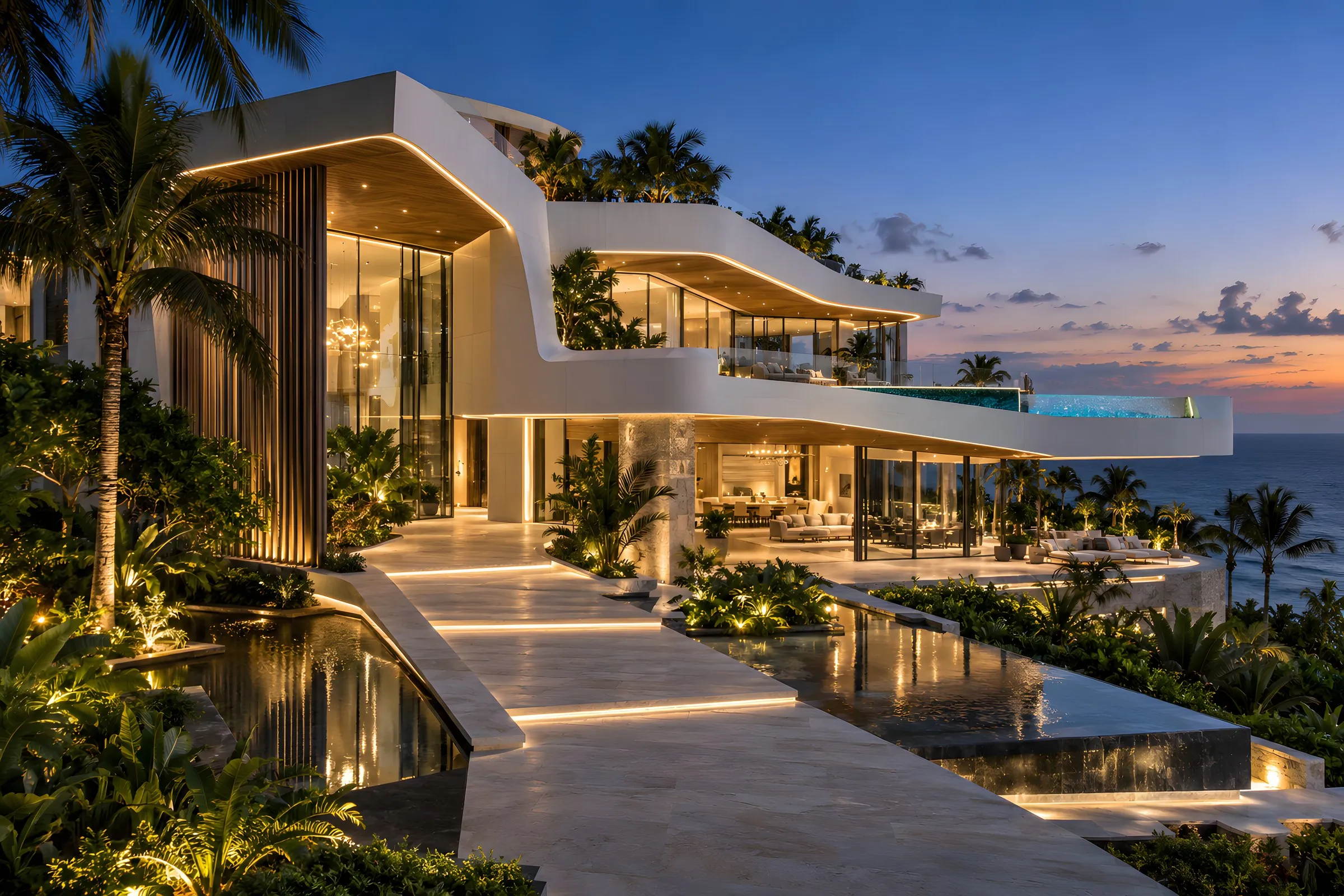 Villa escultórica moderna en Cap Cana con volúmenes curvos en voladizo, piscina infinita sobre el mar y espejos de agua, nuevo proyecto de Homes Punta Cana