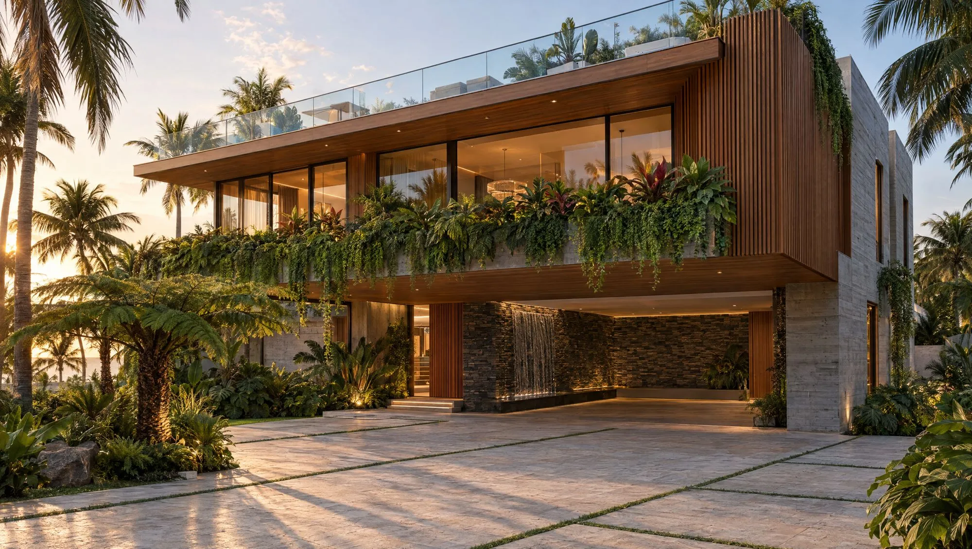 Villa contemporánea en Cap Cana con fachada de madera, jardines colgantes y muro de piedra con cascada, nuevo proyecto de Homes Punta Cana