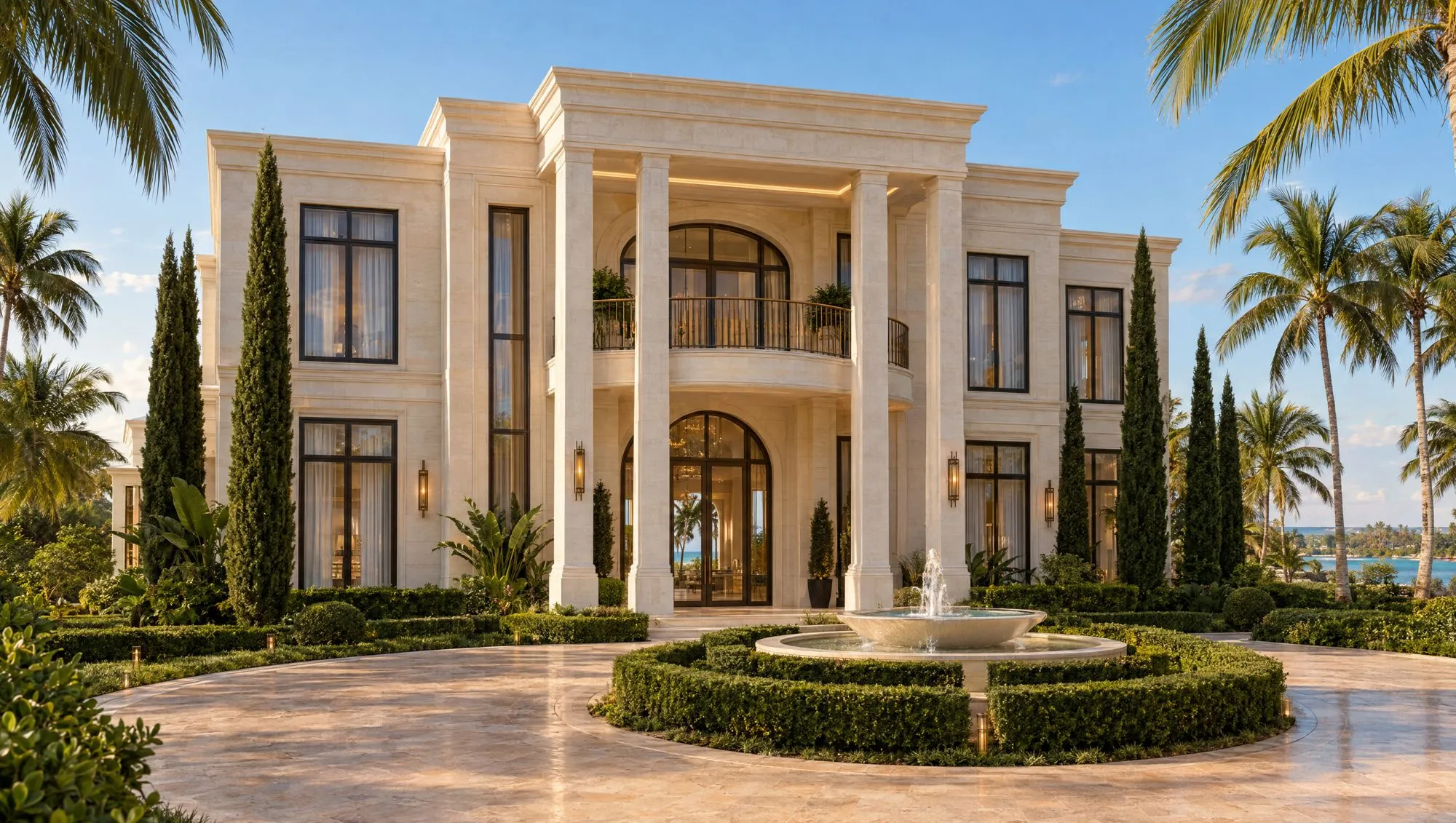 Villa neoclásica contemporánea en Cap Cana con pórtico de columnas, arco de entrada y fuente, nuevo proyecto de Homes Punta Cana