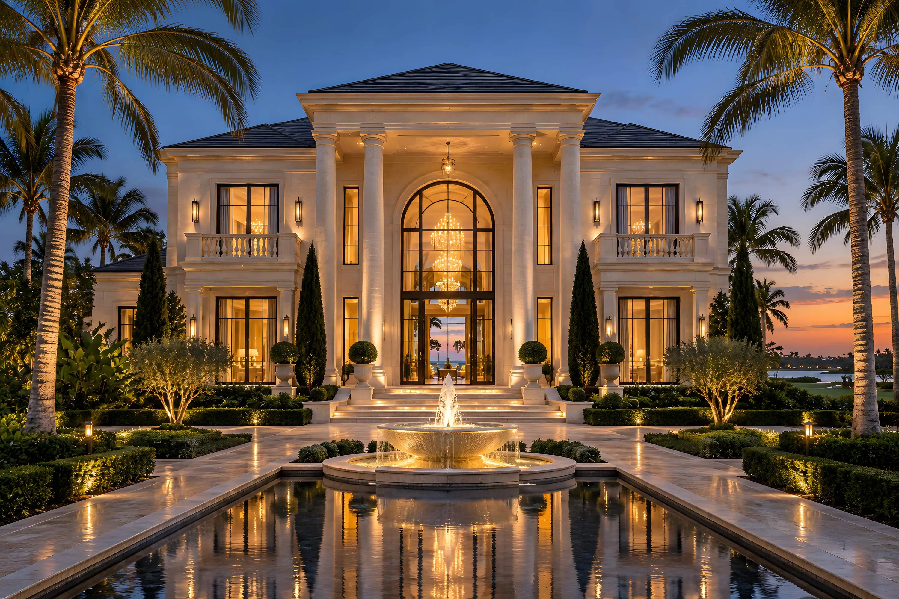 Villa neoclásica contemporánea en Cap Cana con pórtico de columnas, arco central iluminado, fuente y espejo de agua, nuevo proyecto de Homes Punta Cana