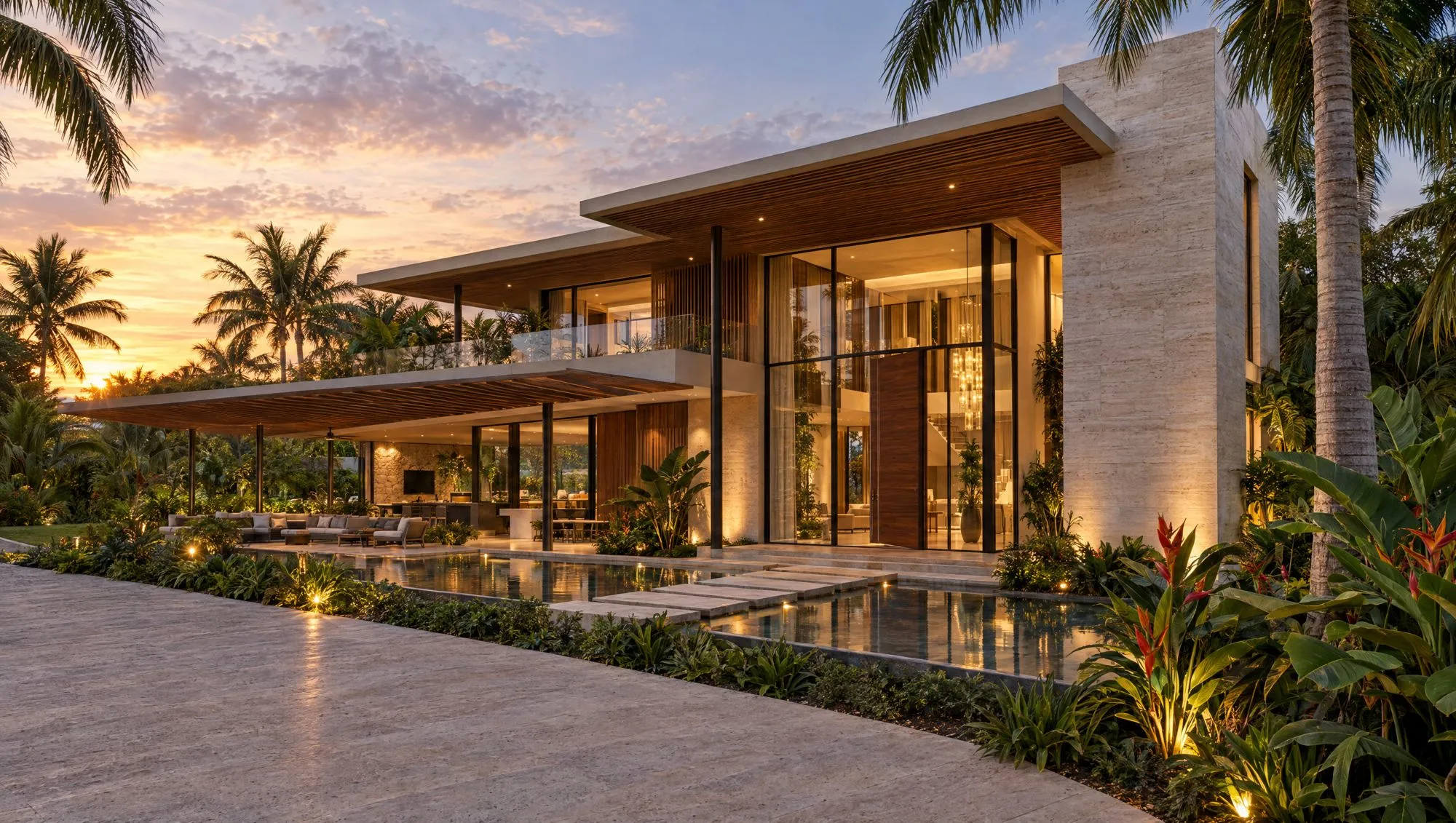 Villa tropical contemporánea en Cap Cana con pérgola de madera, cristal de piso a techo y espejo de agua, nuevo proyecto de Homes Punta Cana
