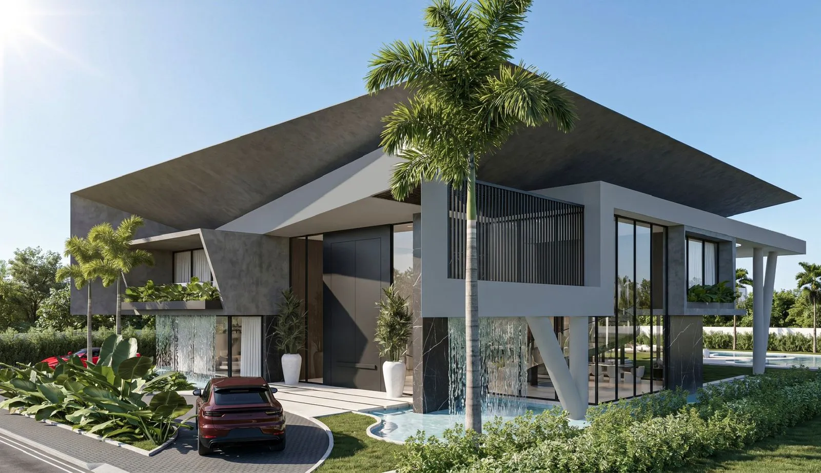 Fachada lateral de villa contemporánea en Cap Cana con palmeras, cascada y ventanales de piso a techo