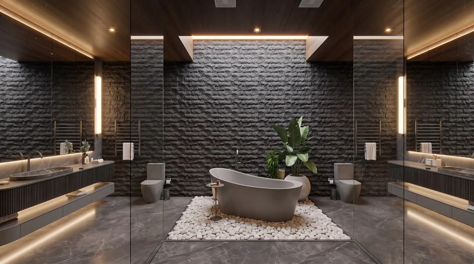 Remodelación premium de baño principal con tina exenta y muro de piedra, Homes Punta Cana