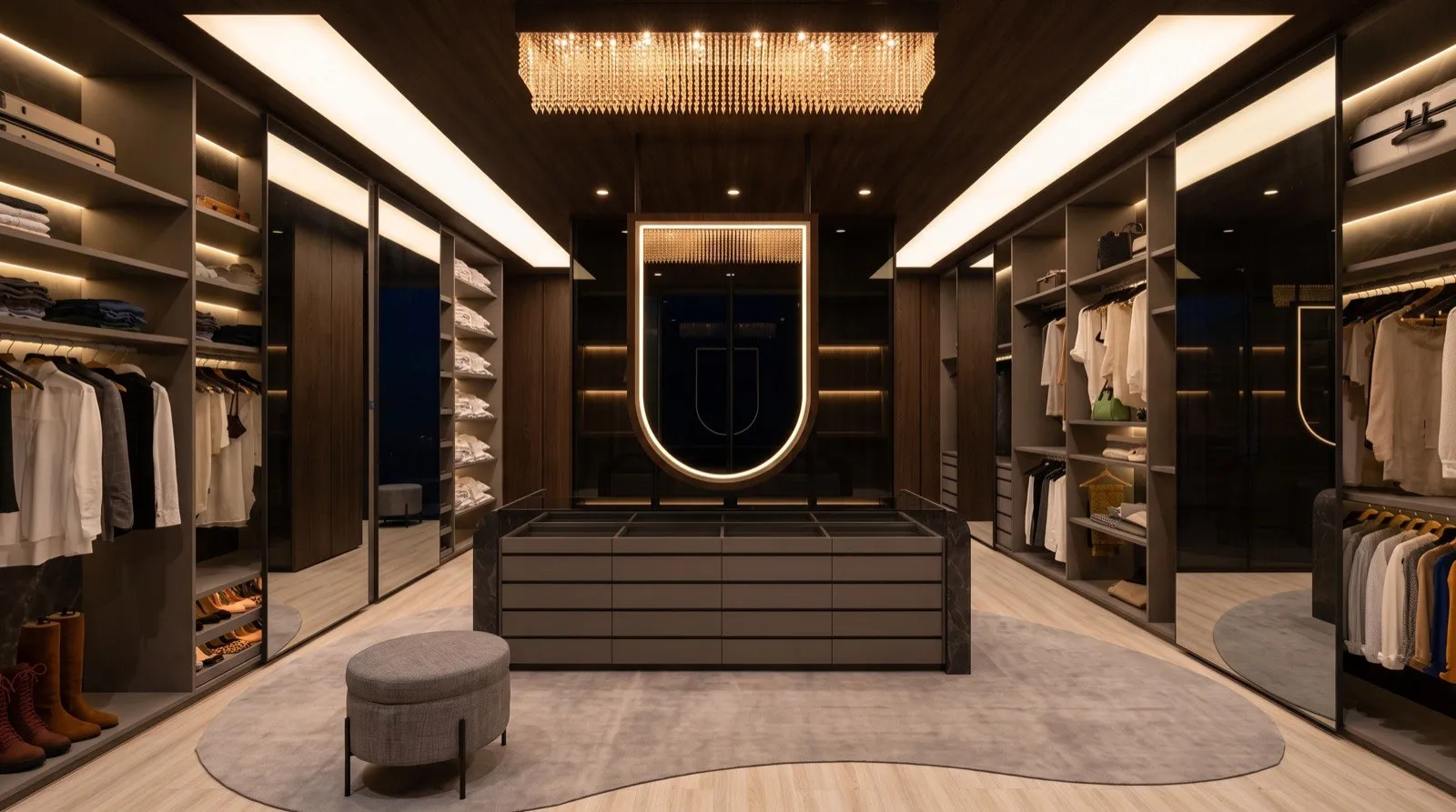 Design Project de Homes Punta Cana: vestidor completo con isla central, clósets iluminados y candelabro de cristal