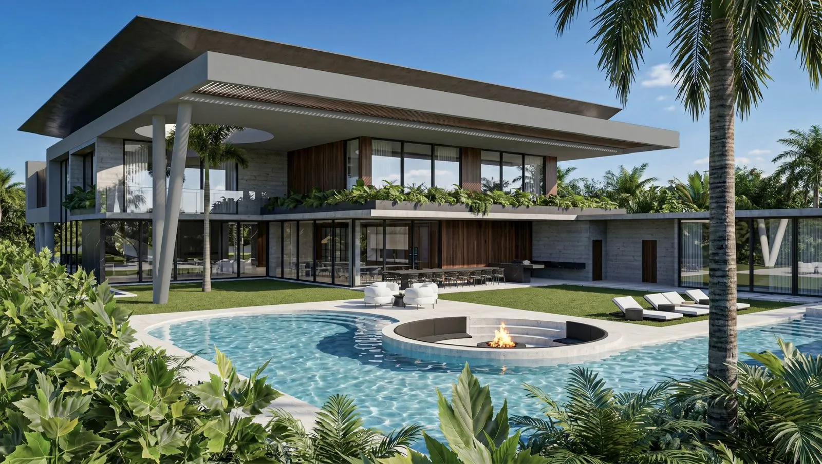 Piscina y terraza con fogata de villa premium en Cap Cana, construcción llave en mano de Homes Punta Cana